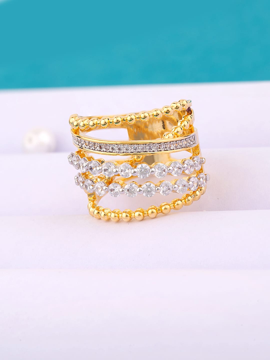 

Voylla Gold-Plated White CZ-Studded Chain Finger Ring