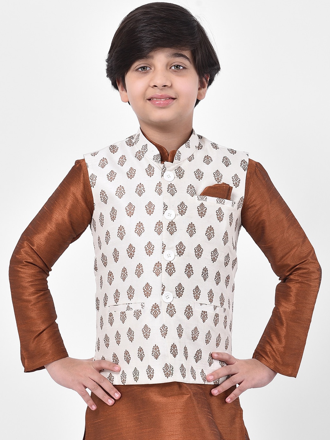 

DEYANN Boys Off-White & Golden Printed Nehru Jacket