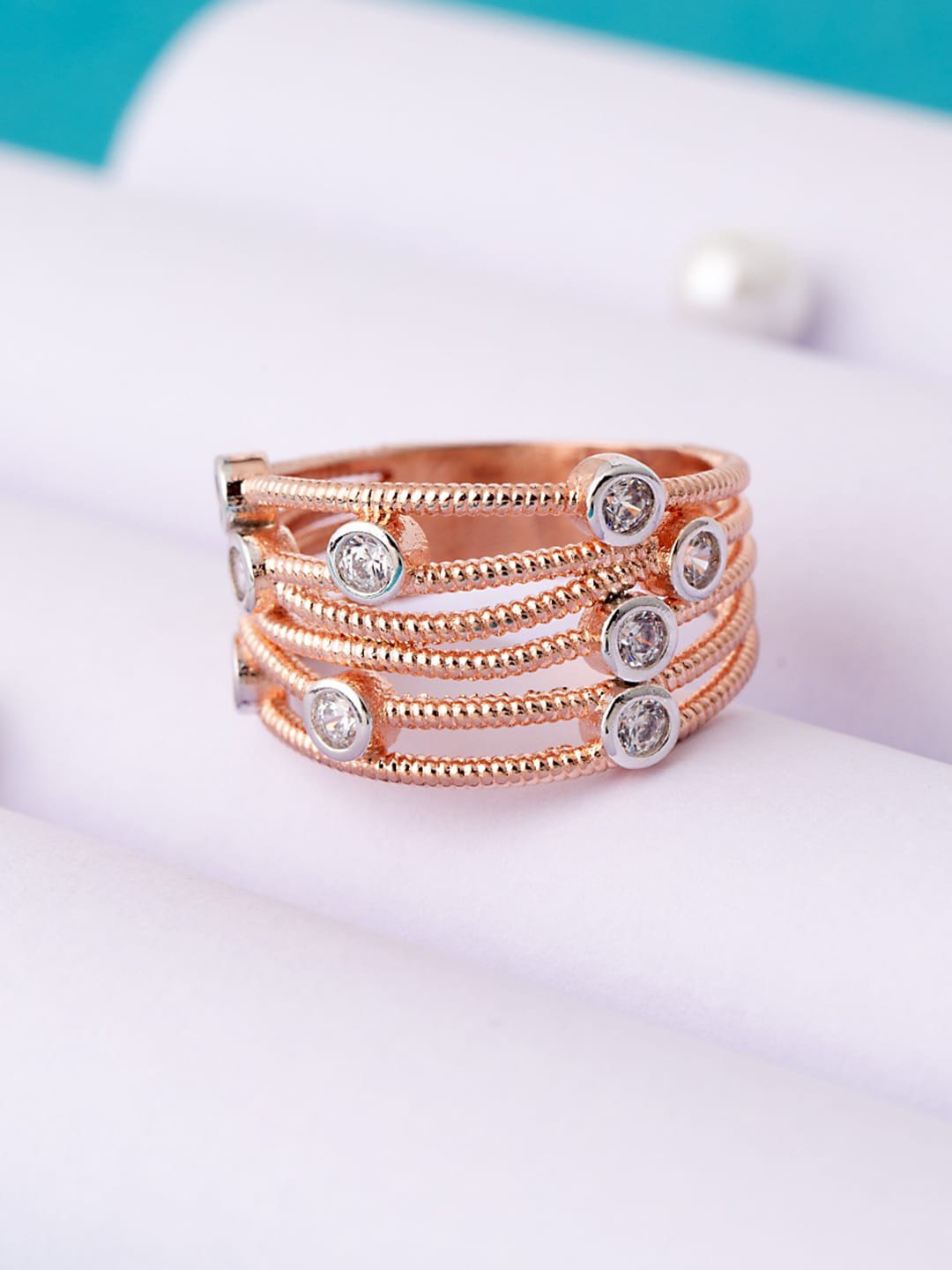 

Voylla Rose Gold-Plated Silver-Coloured Cubic Zirconia Studded Band Ring