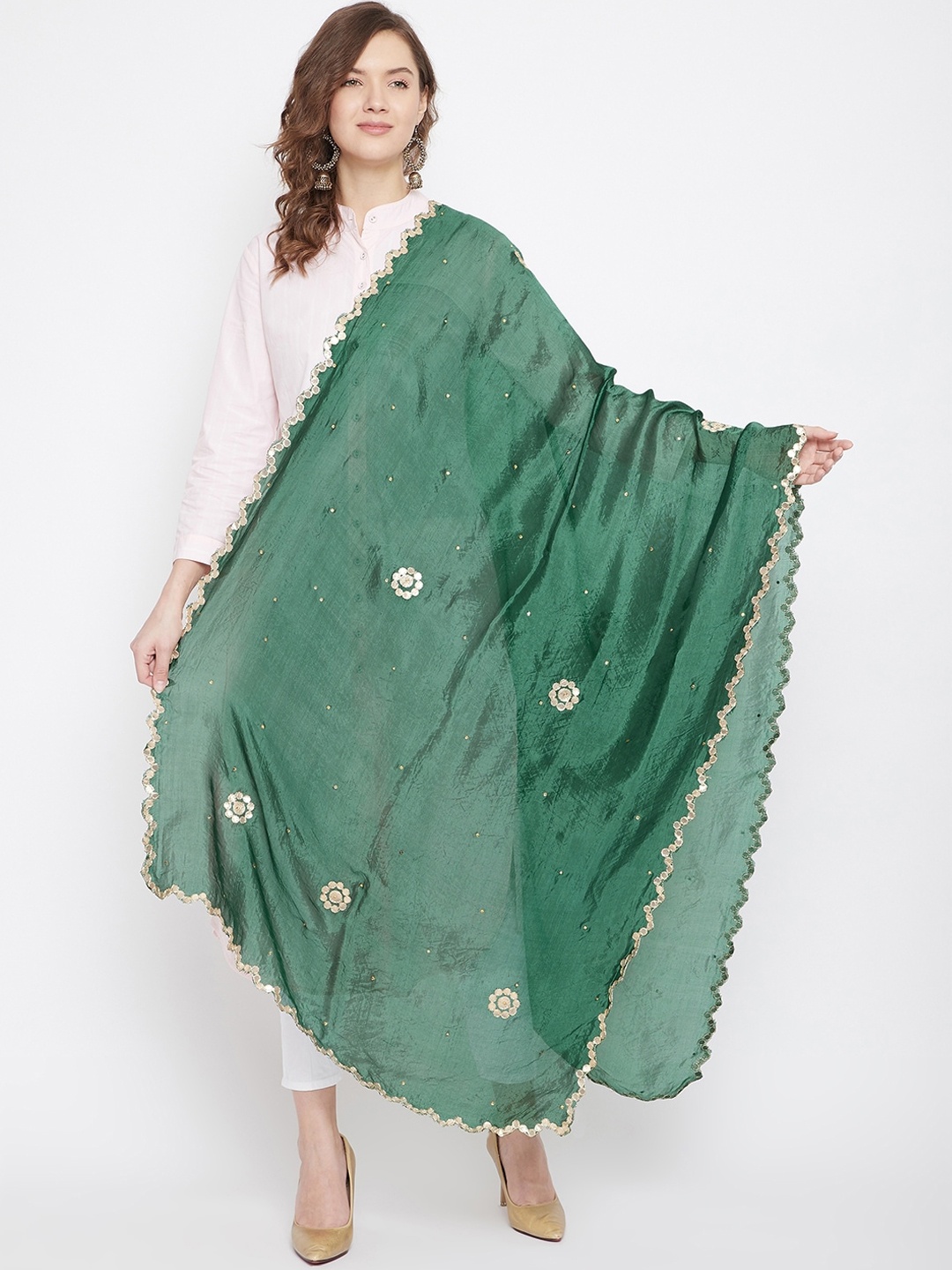 

Clora Creation Green & Golden Embroidered Dupatta