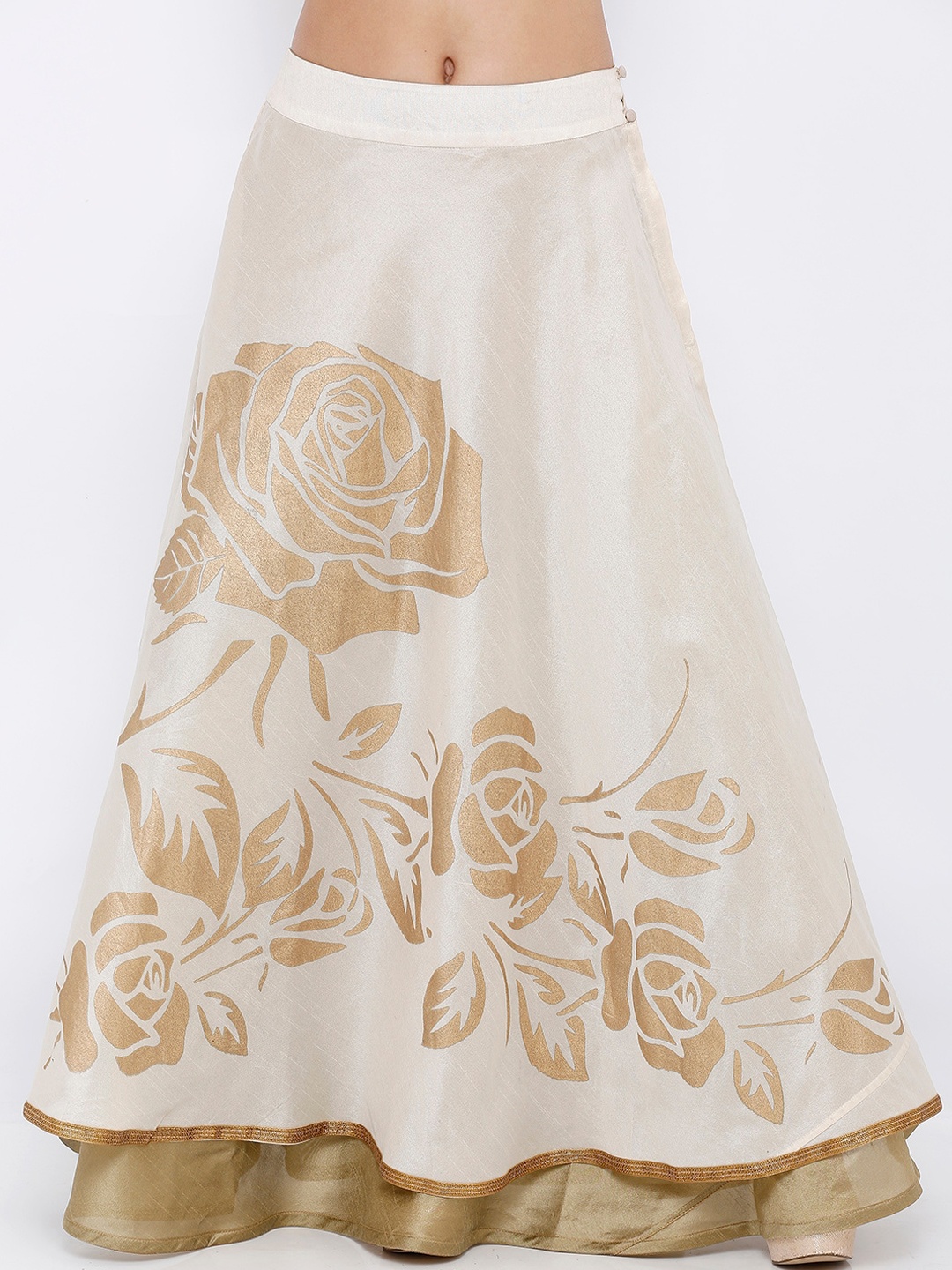 

Ira Soleil White & Gold-Coloured Printed Flared Reversible Maxi Skirt