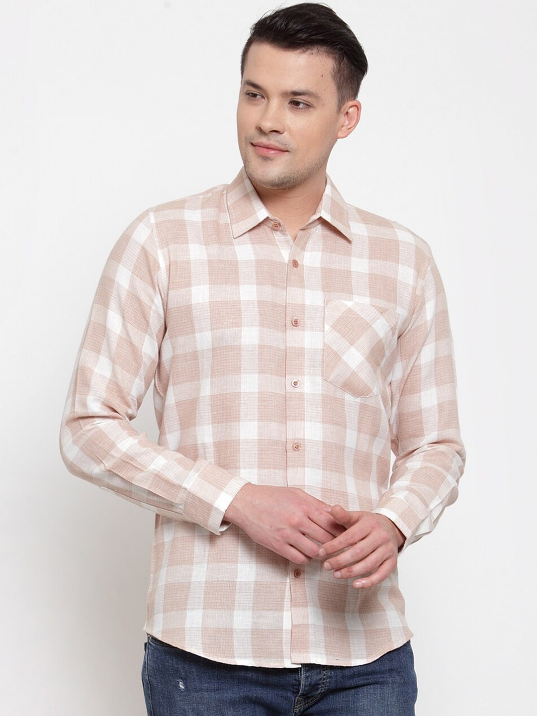 

Purple State Men Beige Slim Fit Checked Casual Shirt