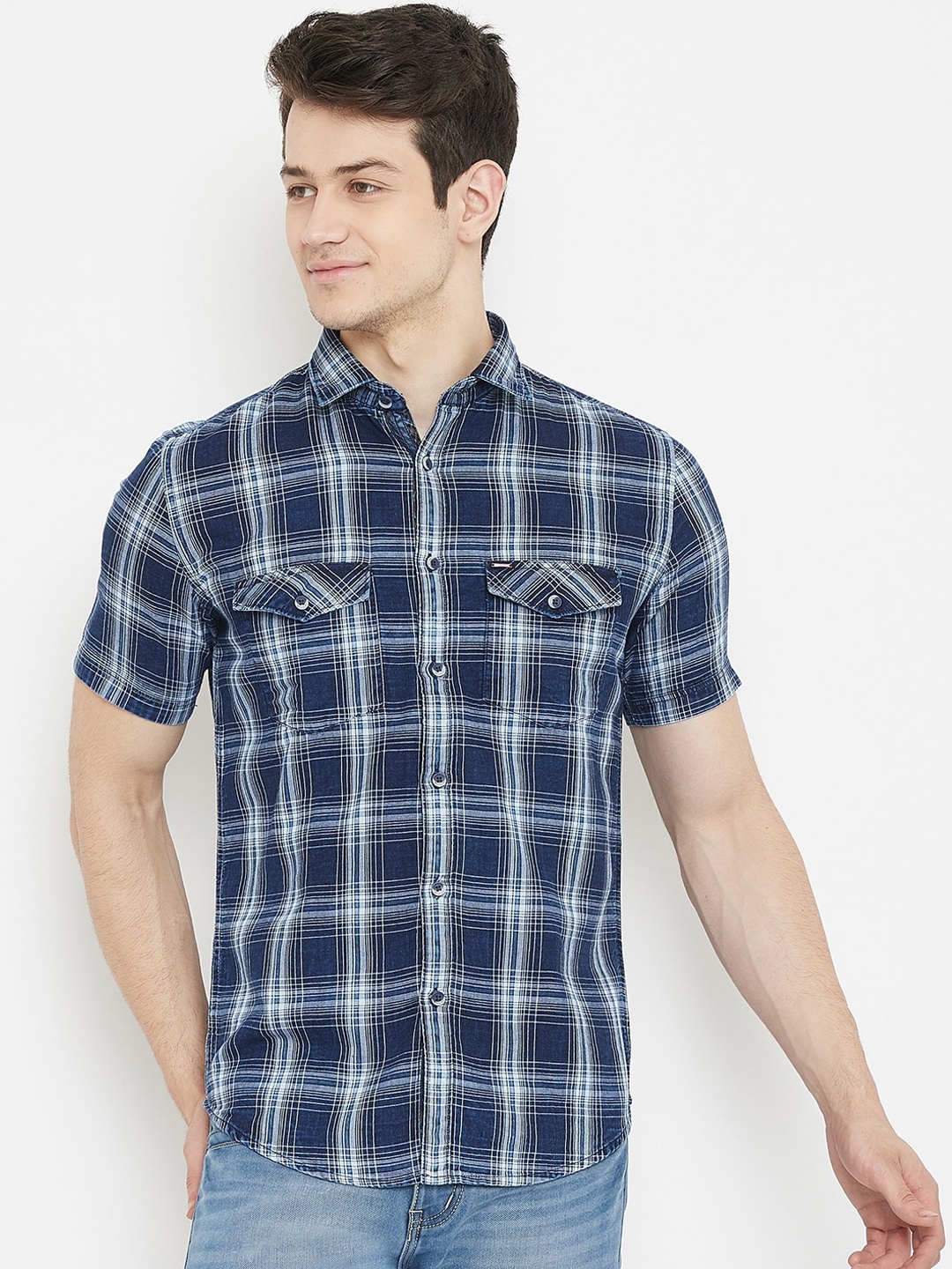 

Crimsoune Club Men Navy Blue Slim Fit Checked Cotton Casual Shirt