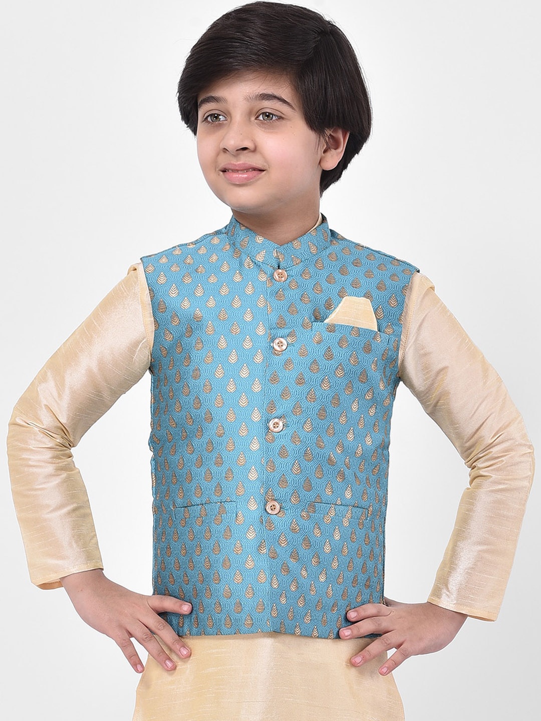 

DEYANN Boys Blue & Gold-Coloured Jacquard Silk Woven Design Nehru Jacket
