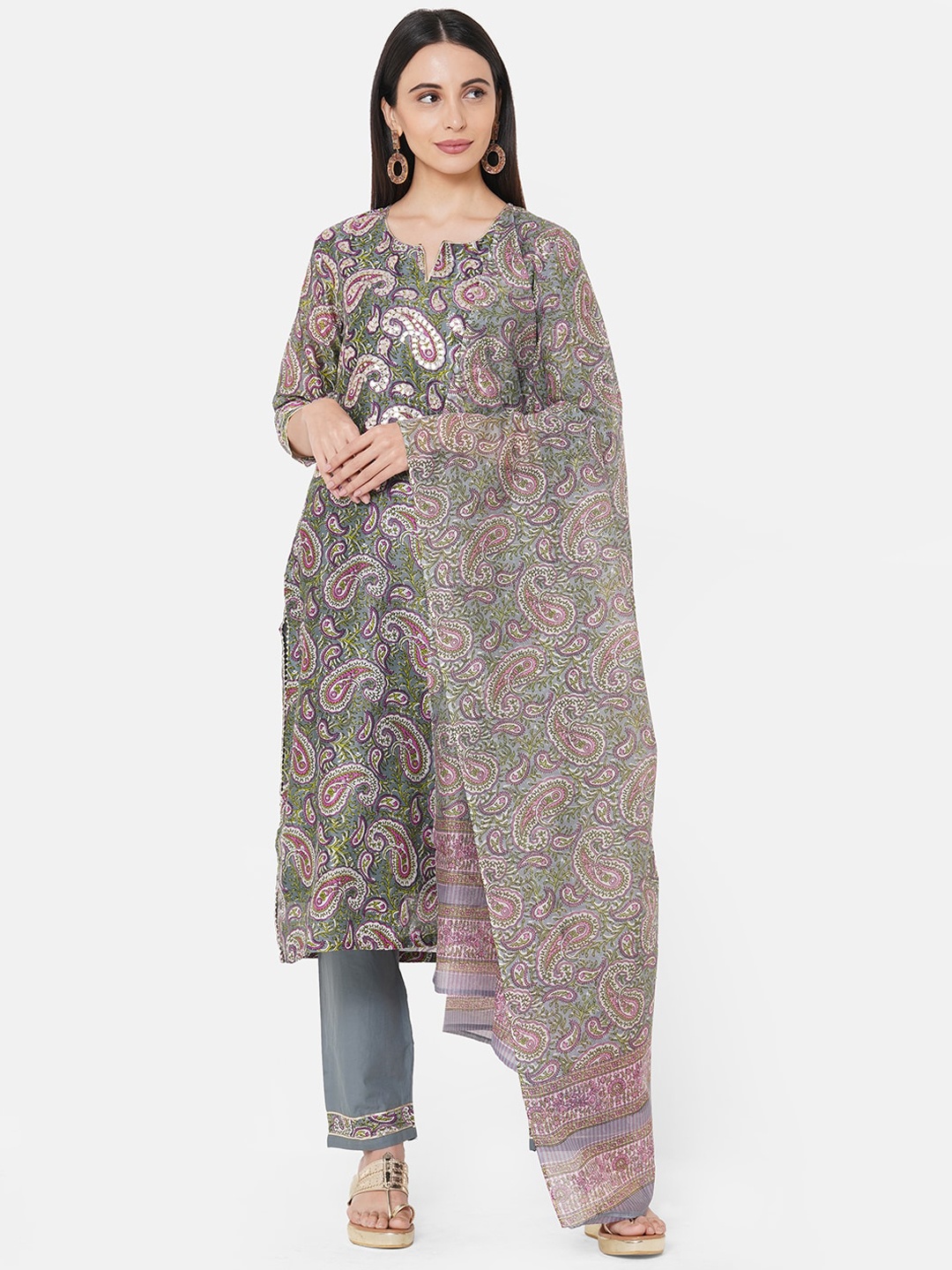 

FASHOR Women Grey Printed Kurta with Trousers & Dupatta