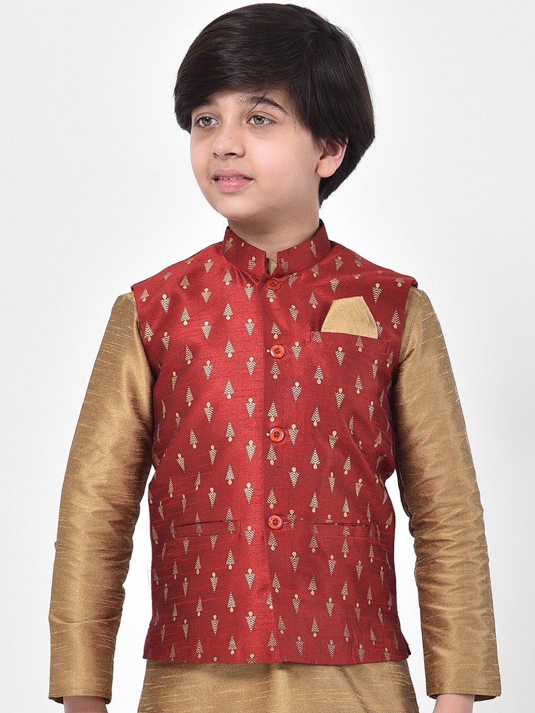

DEYANN Boys Red & Gold-Colour Woven Printed Nehru Jacket