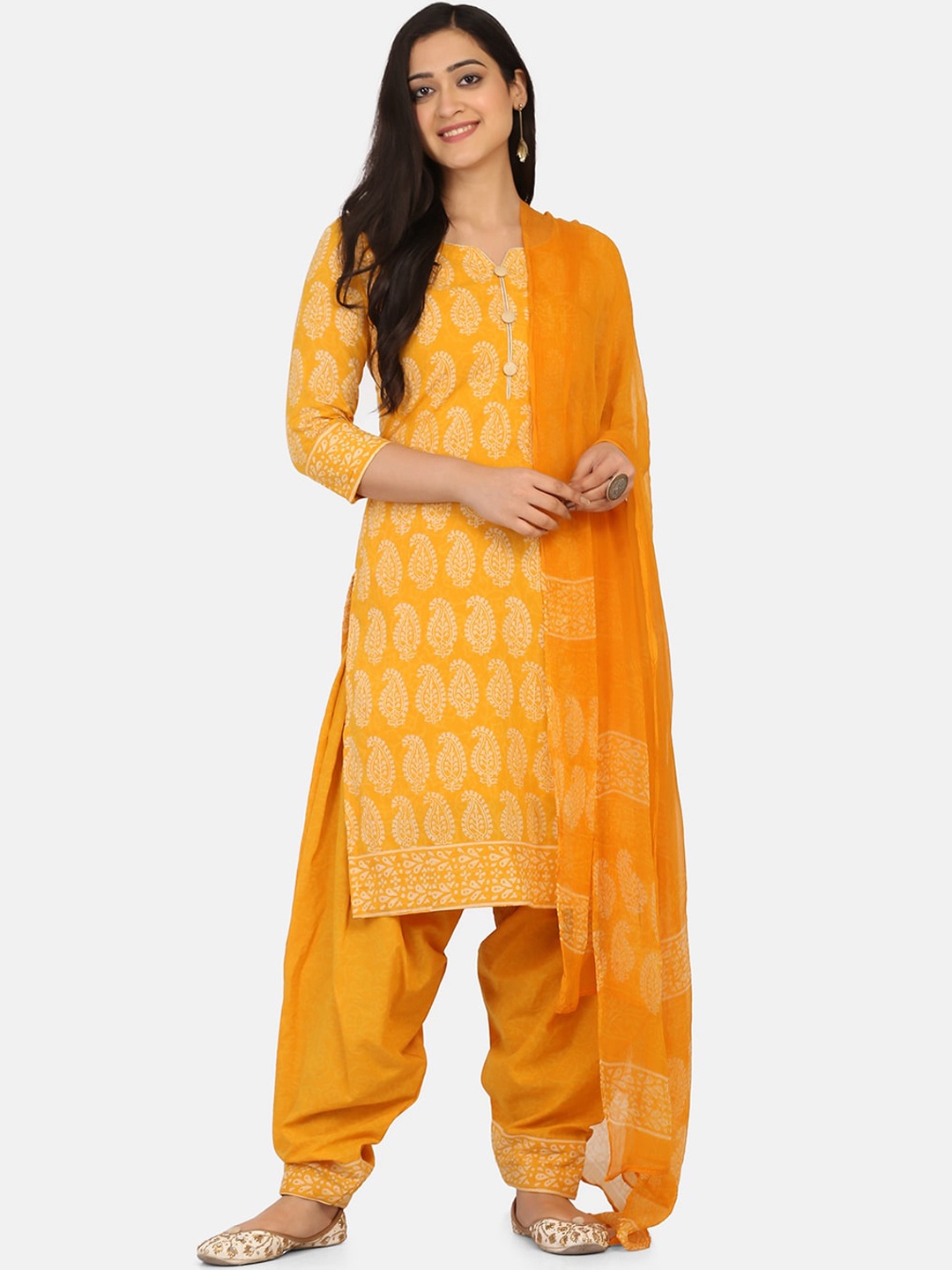 

Shaily Mustard Yellow & Beige Pure Cotton Unstitched Dress Material