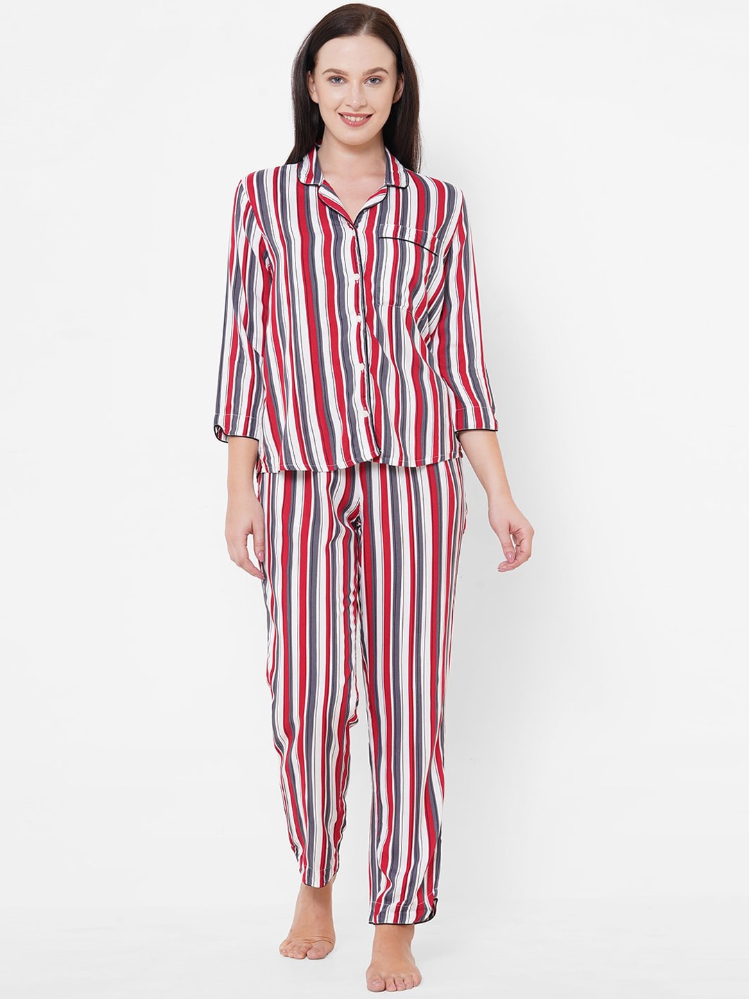 

Mystere Paris Women White & Red Striped Night suit