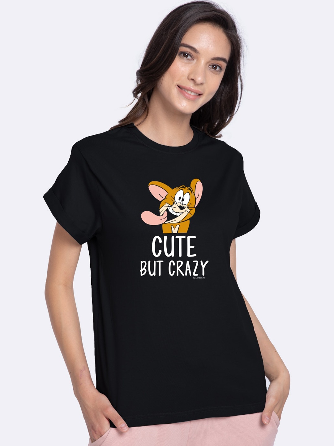 

Bewakoof Women Black Tom & Jerry Printed Round Neck Boyfriend T-Shirt