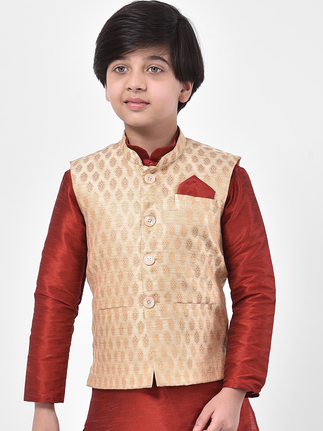 

DEYANN Boys Cream & Golden Woven Design Nehru Jacket