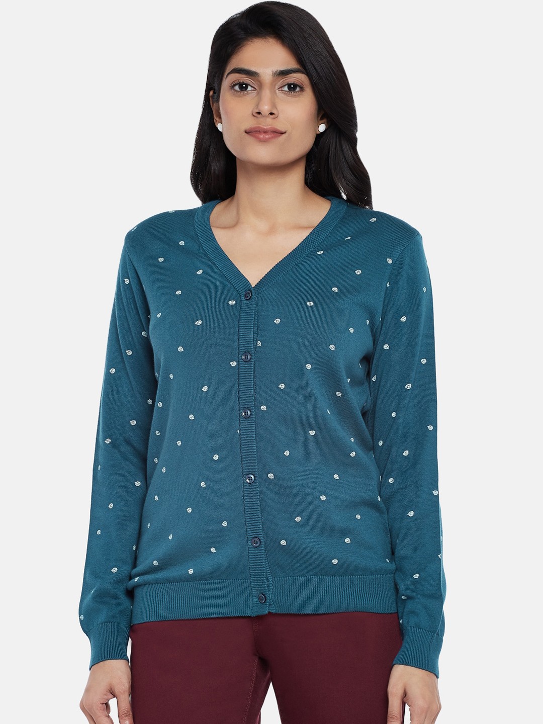 

Honey by Pantaloons Women Teal Blue Printed Cotton Cardigan Sweater