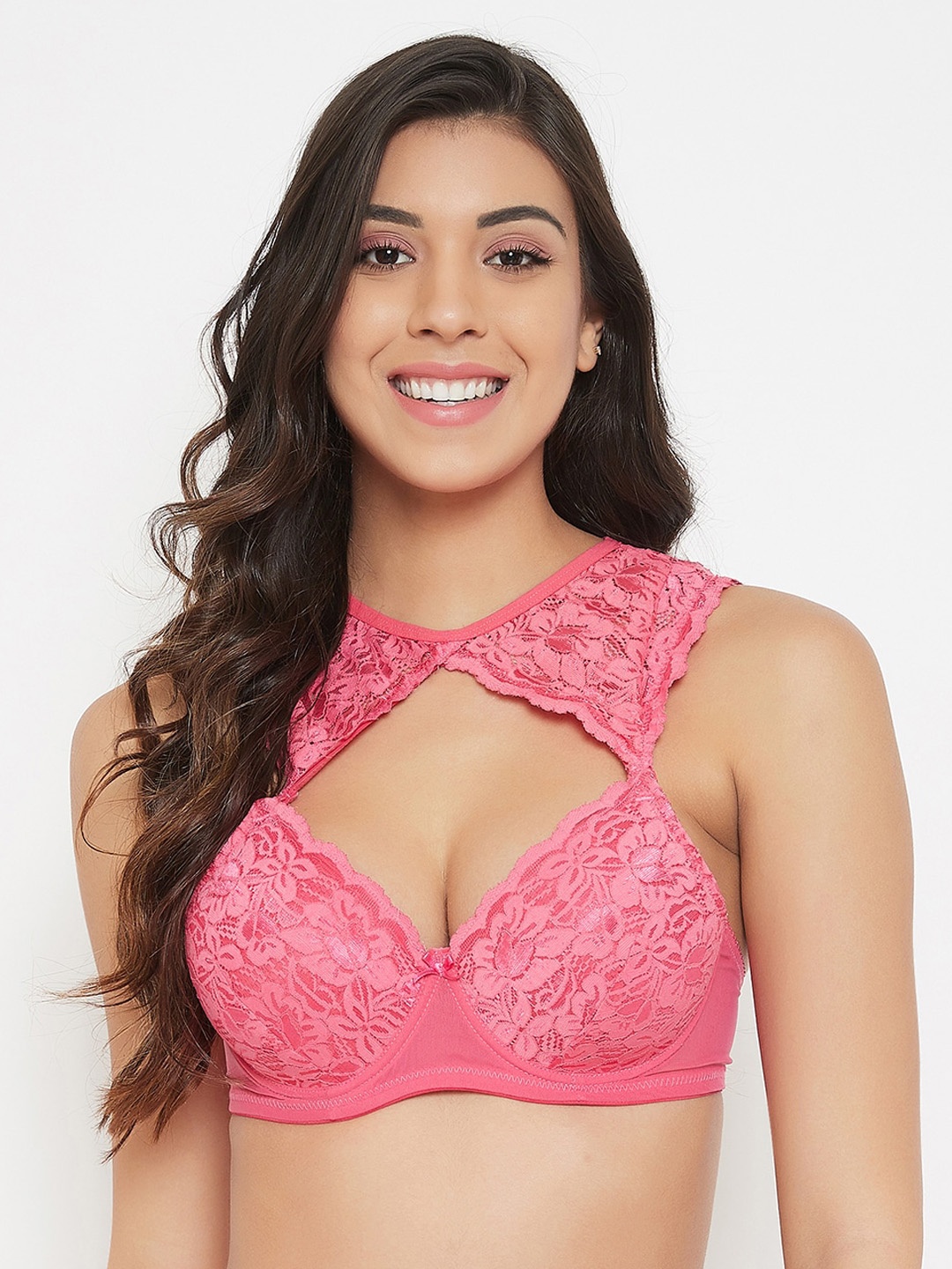 

Clovia Pink Lace Non-Wired Lightly Padded Bralette Bra BR2165P1432B