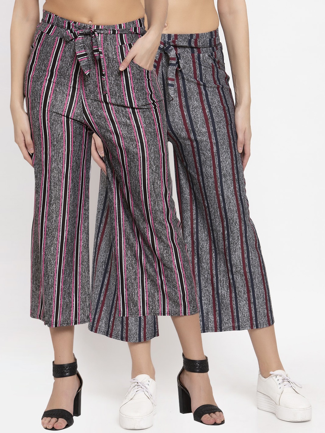 

KLOTTHE Women Pack of 2 Grey & Maroon Striped Wide Leg Palazzos