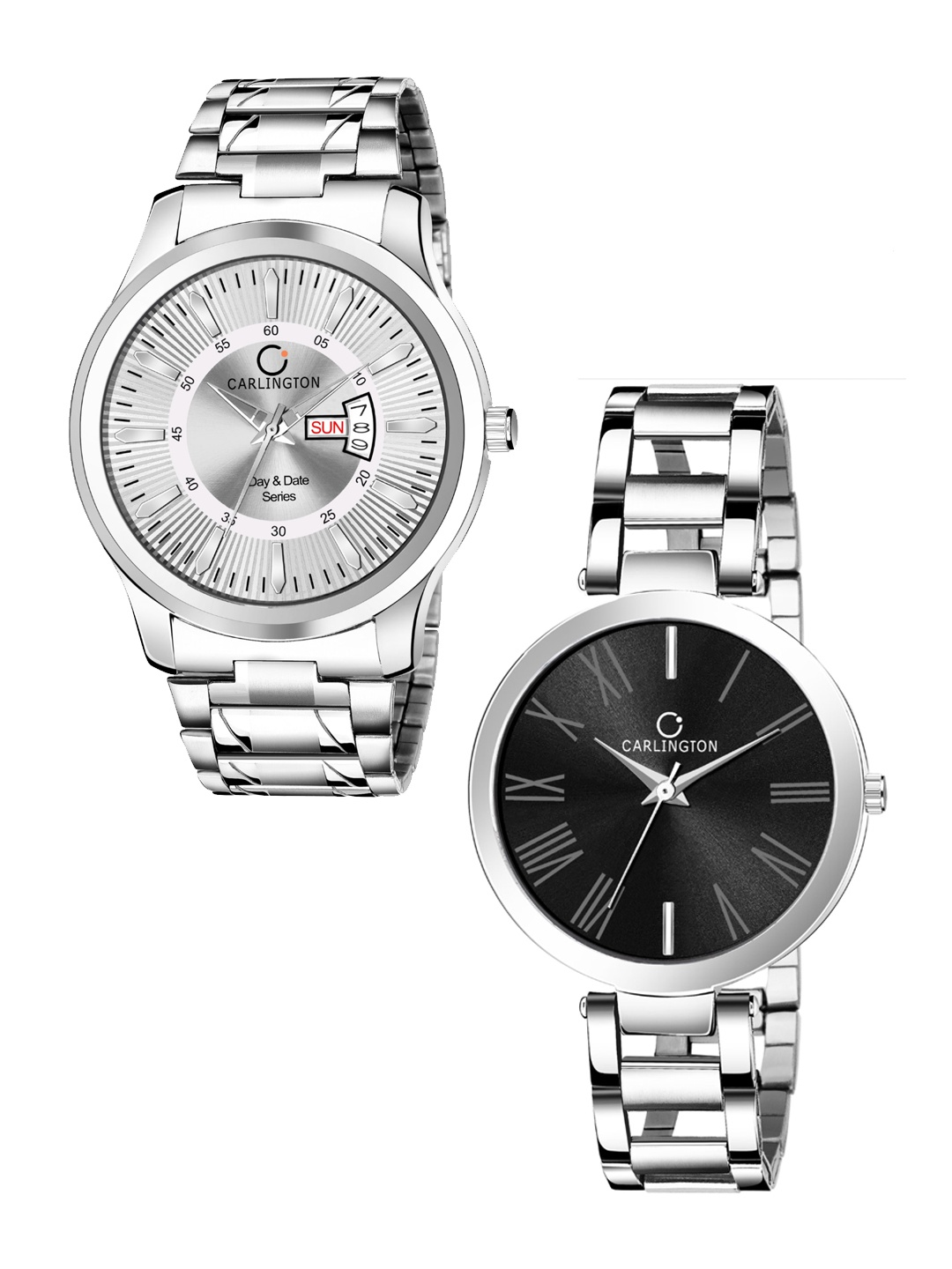 

CARLINGTON Unisex His & Her Combo G-01 Analogue Watch Gift Set, Silver