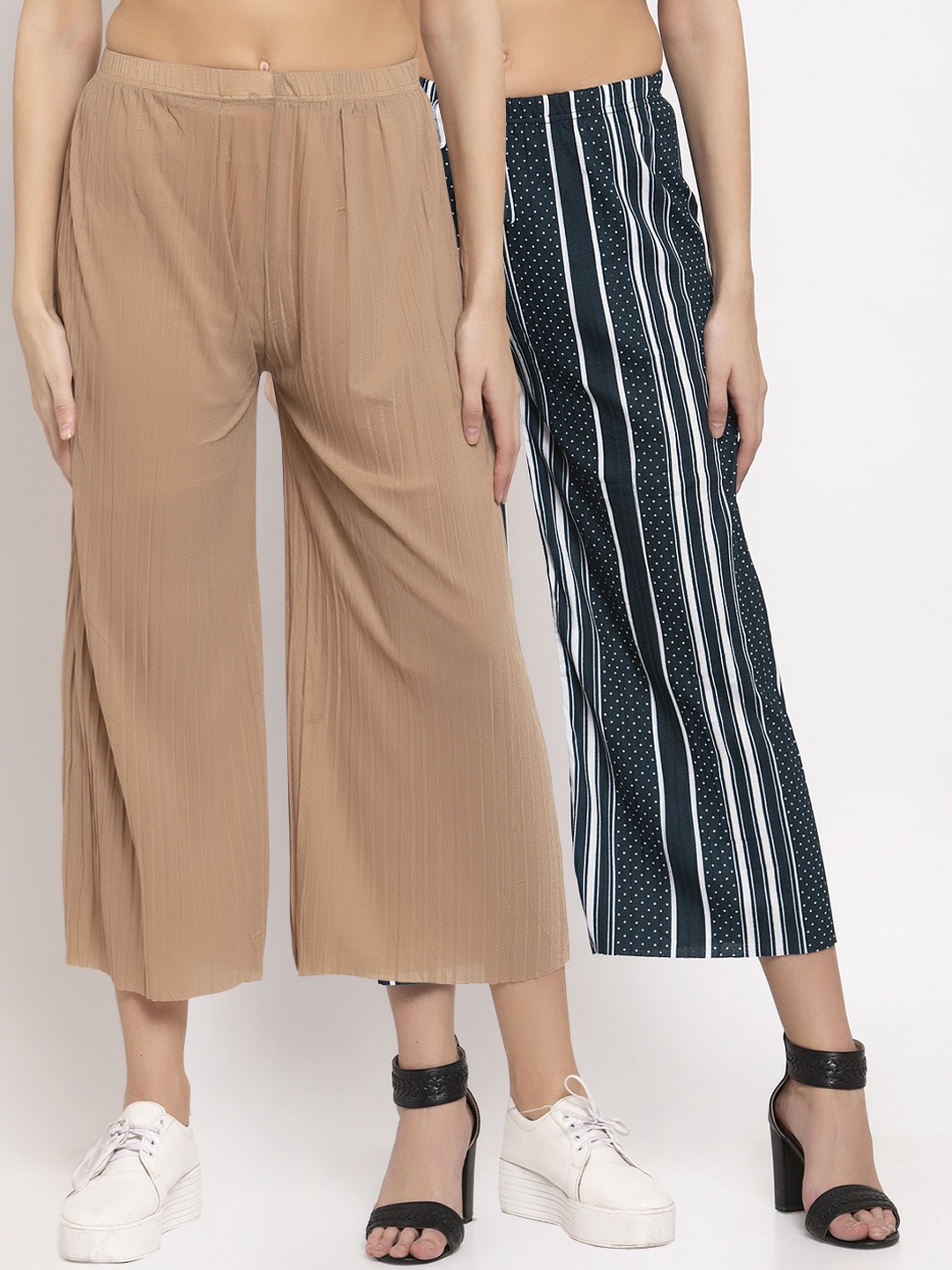 

KLOTTHE Women Pack of 2 Beige & Black Striped Wide Leg Palazzos