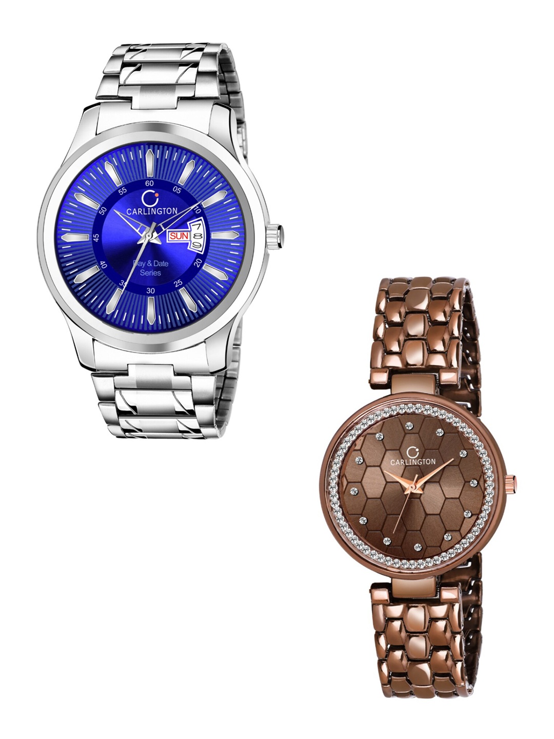 

CARLINGTON Unisex Set Of 2 Analogue Watch Combo G-01 Blue & Hexa Brown