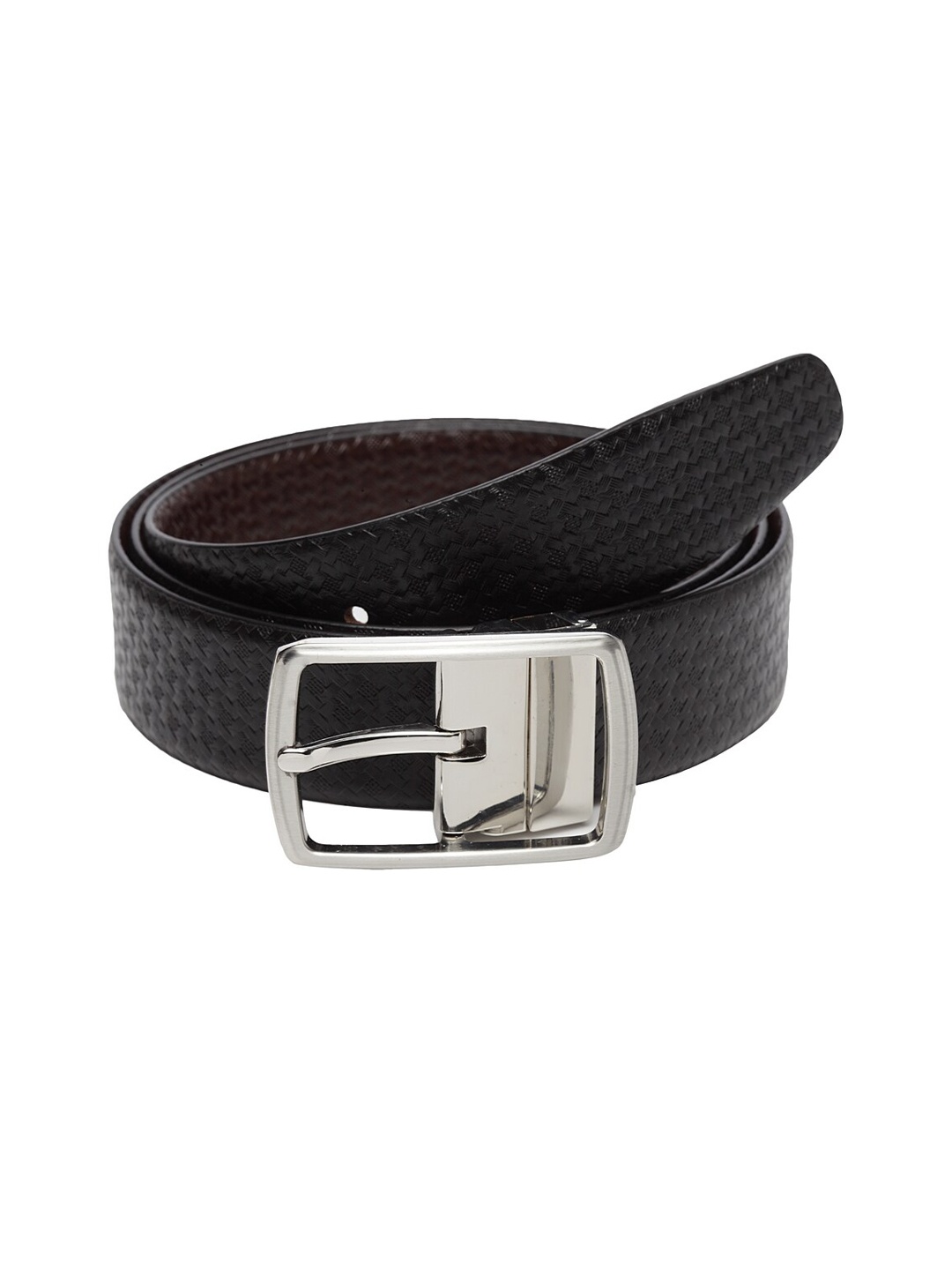 

WELBAWT Men Black & Brown Textured Leather Slim Reversible Belt