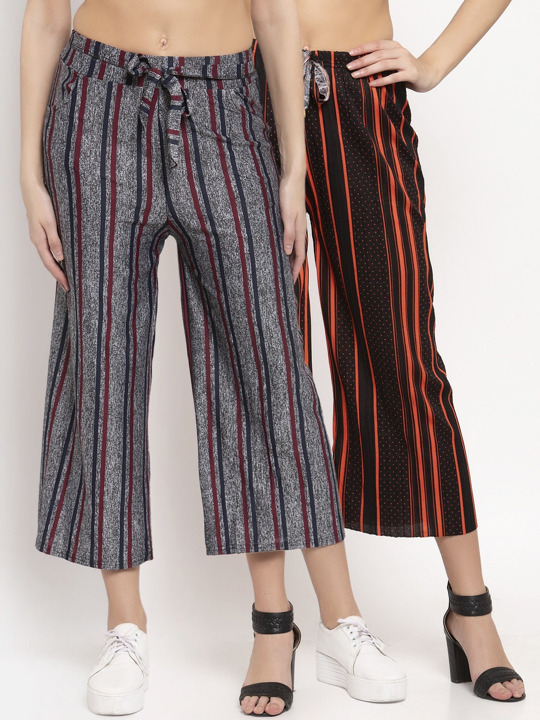 

KLOTTHE Women Grey & Black Pack Of 2 Striped Wide Leg Palazzos