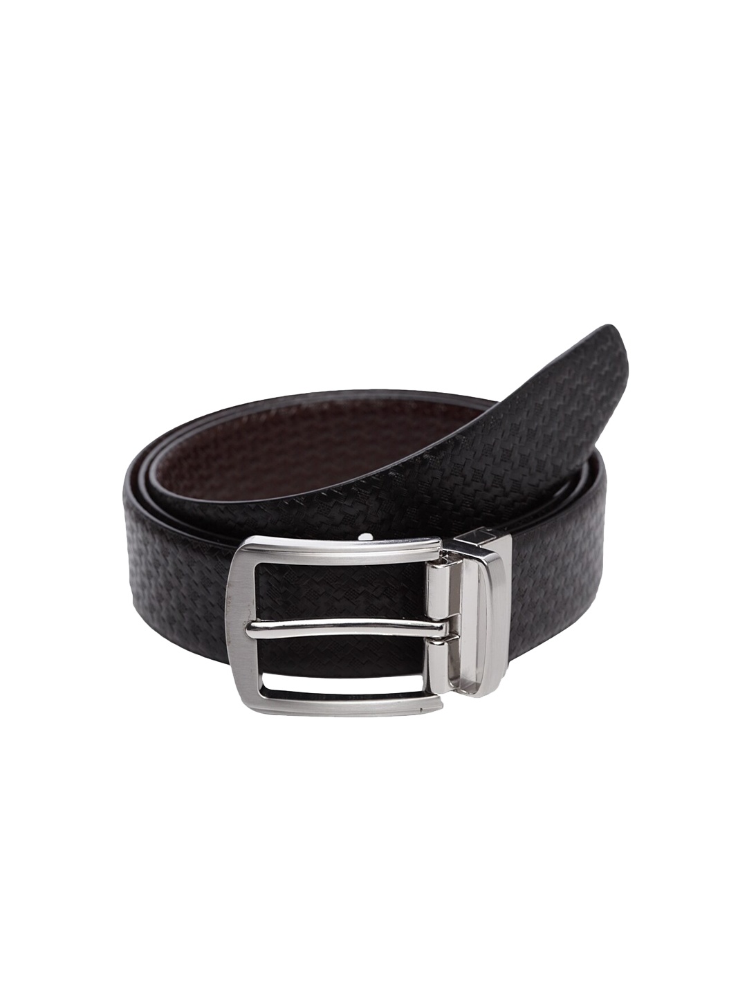 WELBAWT Men Black & Brown Textured Leather Slim Reversible Belt