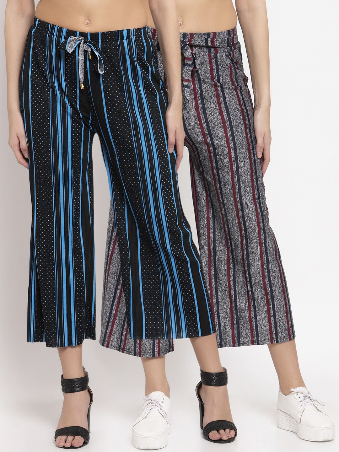 

KLOTTHE Women Pack of 2 Striped Wide Leg Palazzos, Black