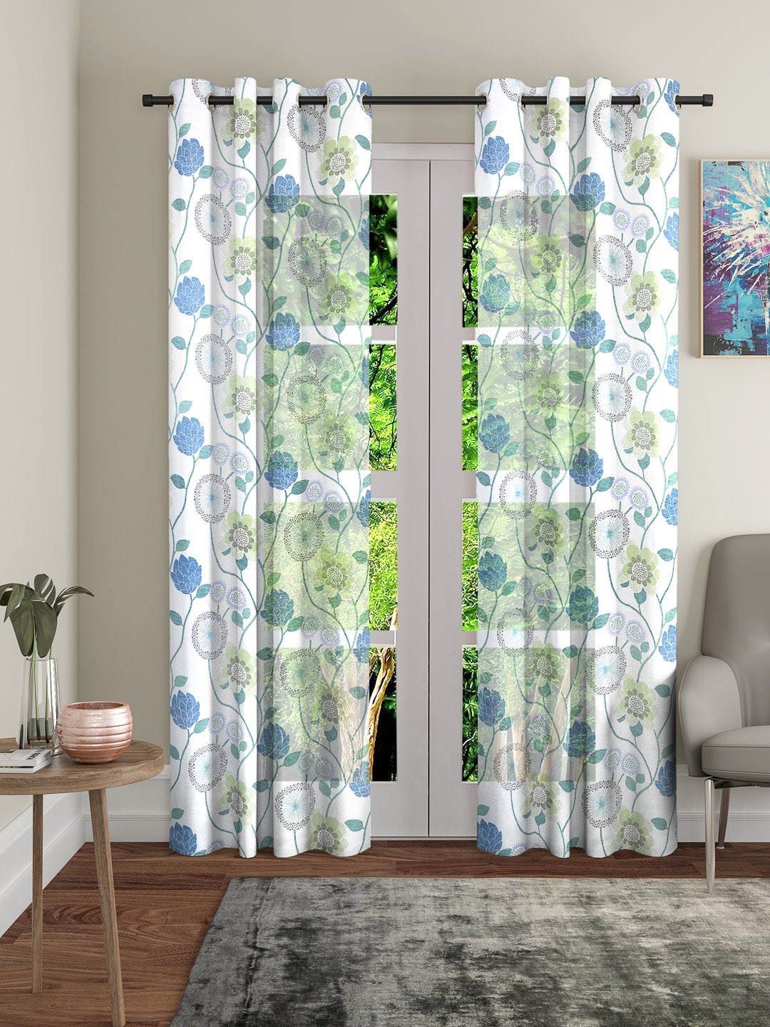 

Cortina White & Blue Set of 2 Floral Sheer Long Door Curtains
