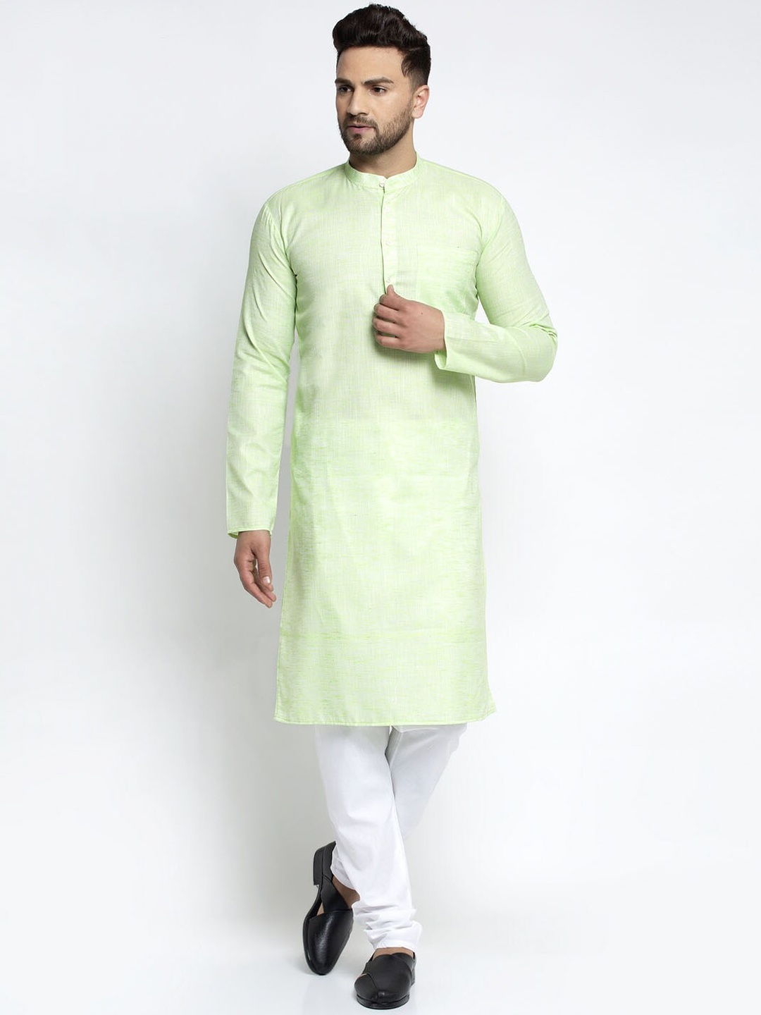 Jompers Men Green & White Solid Pure Cotton Kurta with Pyjamas