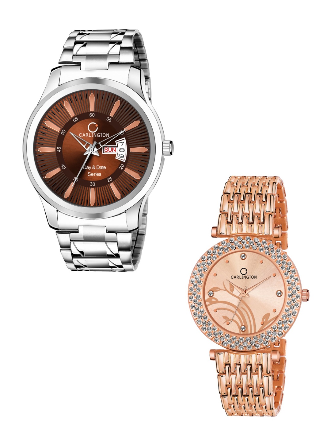 

CARLINGTON Unisex His & Her Combo G-01 Analogue Watch Gift Set, Brown
