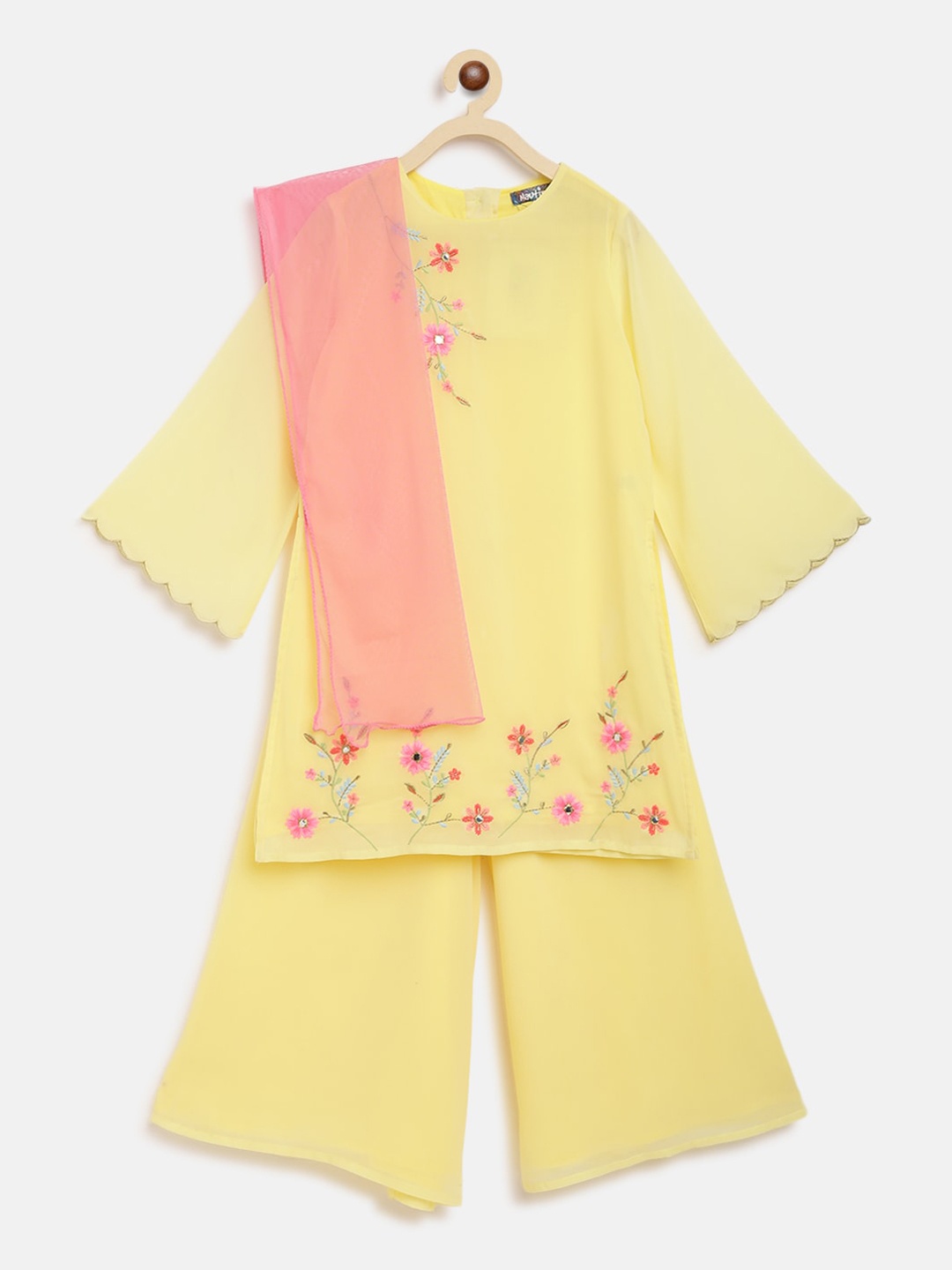 

Nauti Nati Girls Yellow Embroidered Kurta with Palazzos & Dupatta