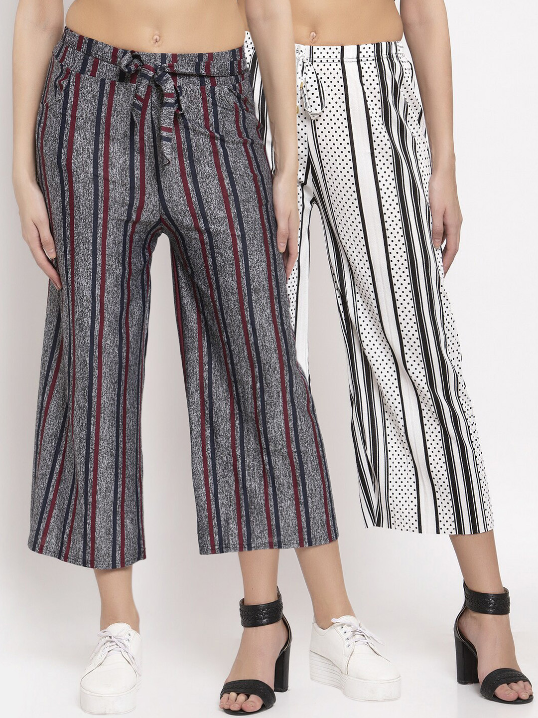 

KLOTTHE Women Pack of 2 White & Grey Striped Wide Leg Palazzos