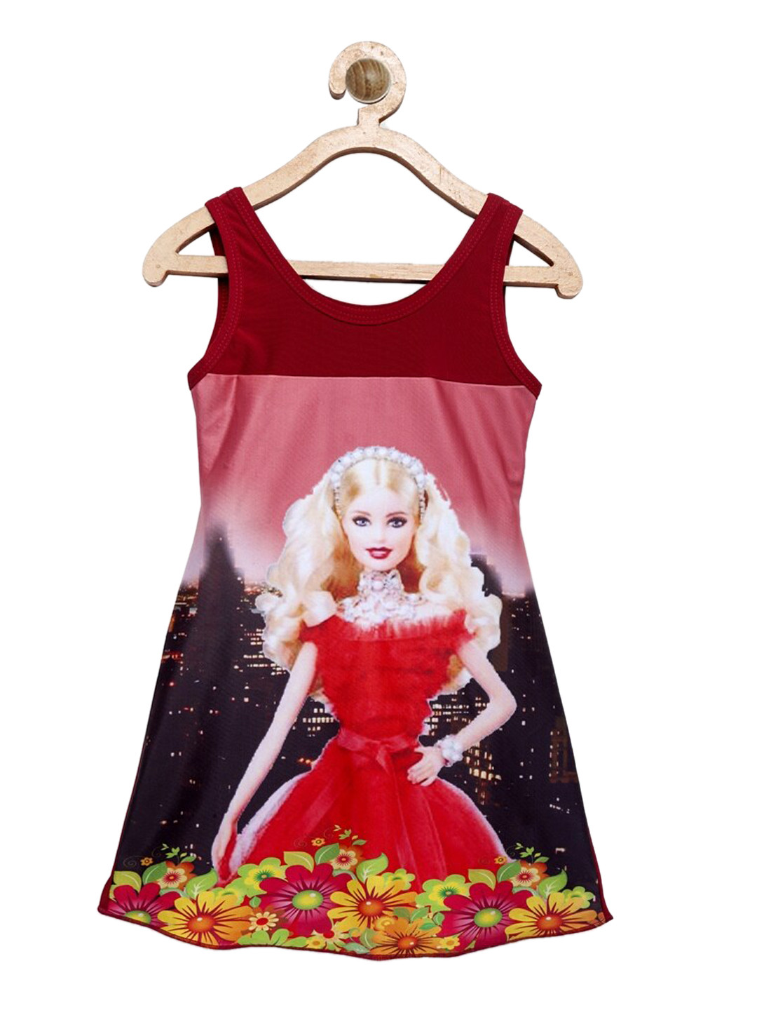 

CUKOO Girls Red & Yellow Doll 3D Printed Swimming Dress With Attached Shorts