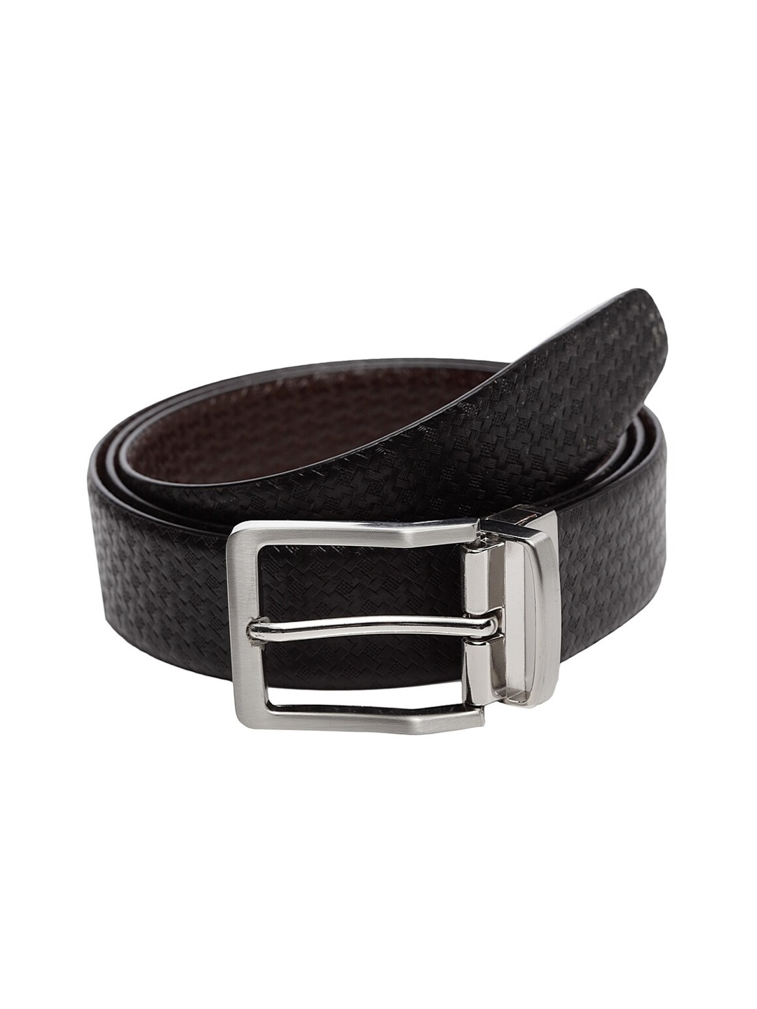

WELBAWT Men Black & Silver-Toned Textured Leather Slim Reversible Belt