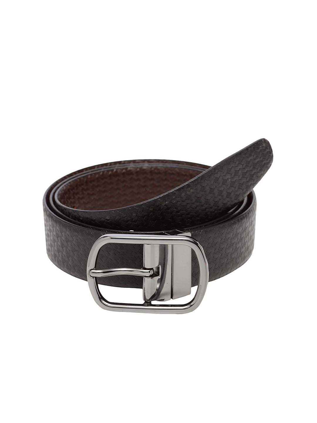 

WELBAWT Men Black & Brown Textured Leather Slim Reversible Belt