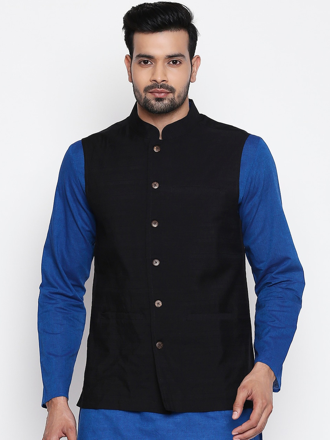 

indus route by Pantaloons Men Black Woven-Designed Nehru Jacket