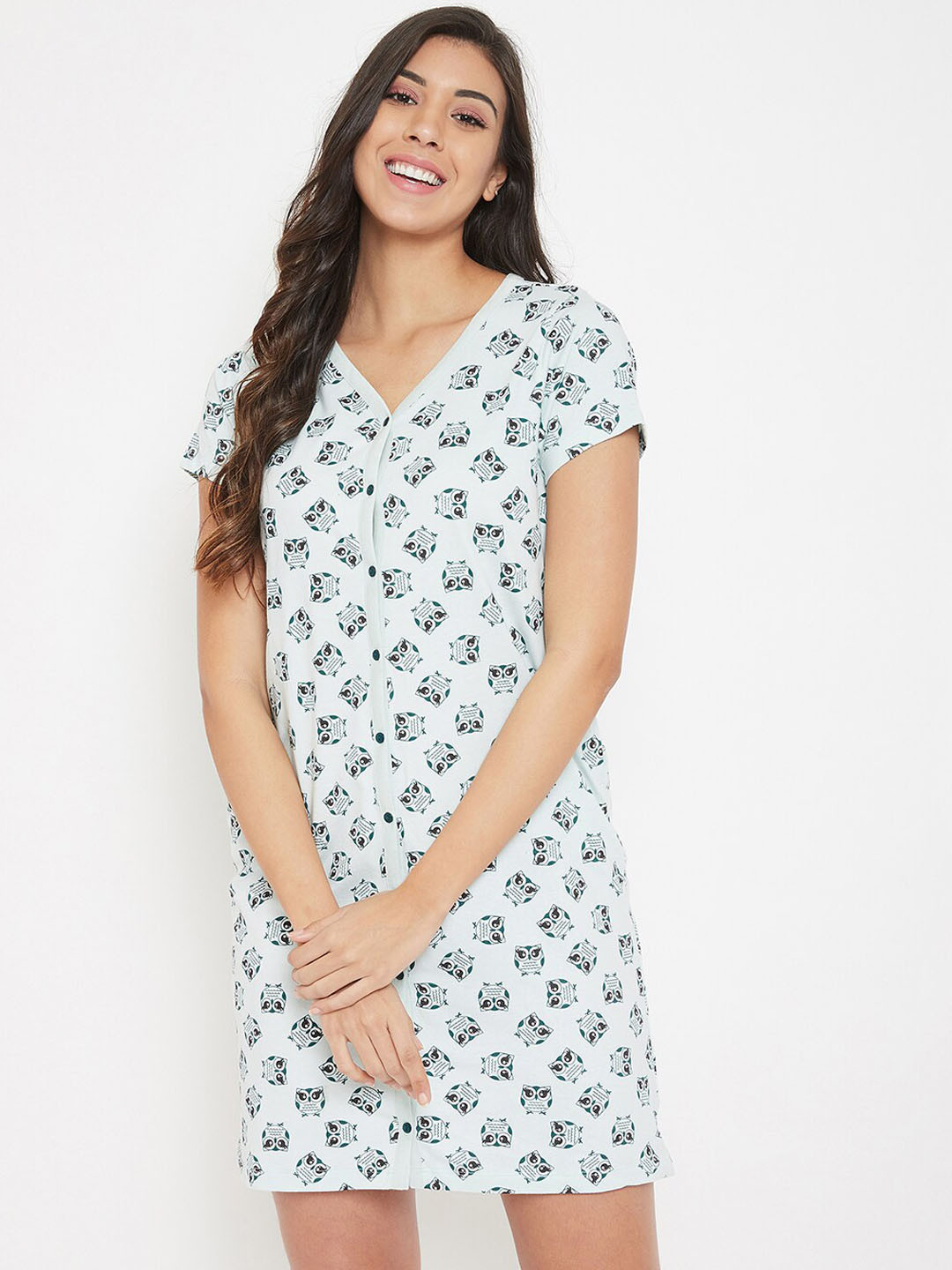 

Clovia White & Green Printed Nightdress With Pocket