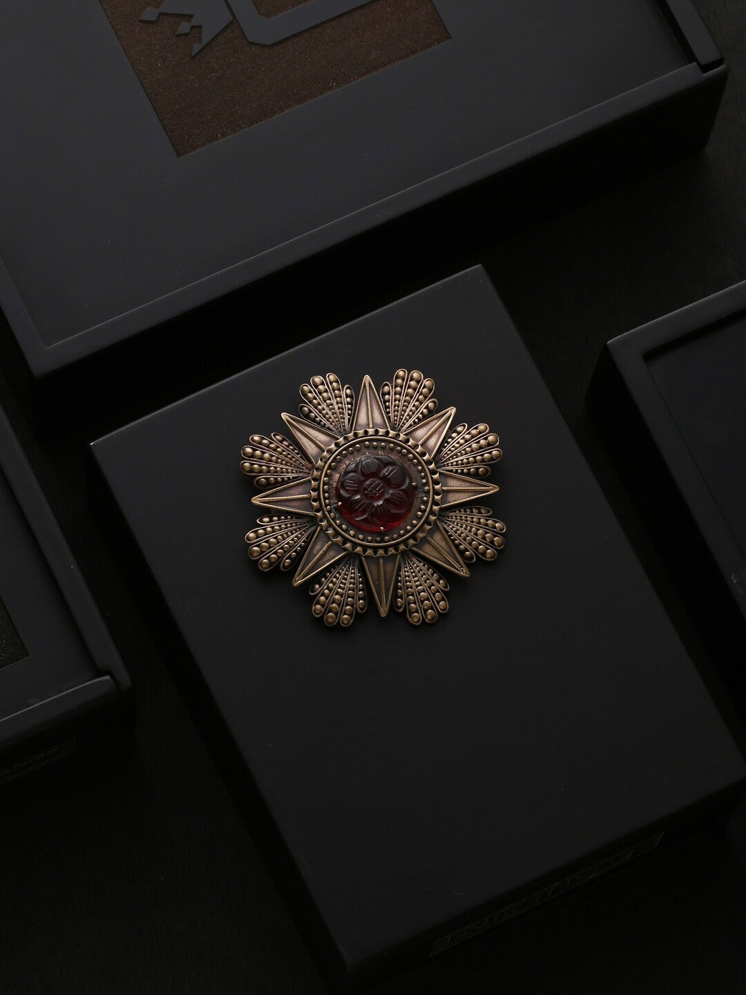 

COSA NOSTRAA Men Gold-Toned & Maroon Stone Coin Statement Brooch