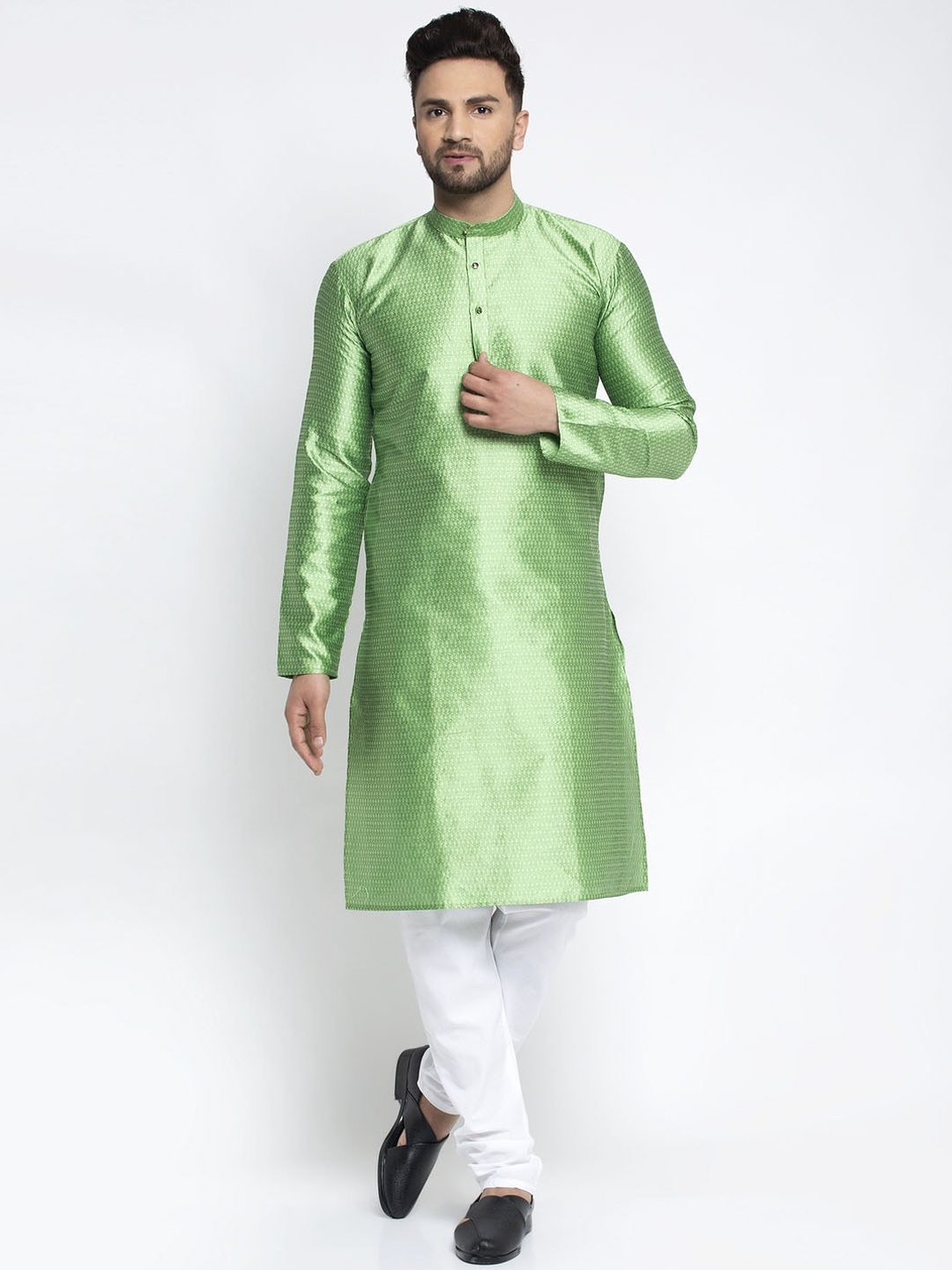 Jompers Men Green & White Woven Design Kurta with Pyjamas