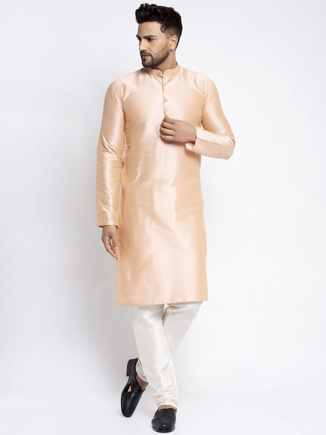 

Jompers Men Peach-Coloured & White Solid Kurta with Pyjamas