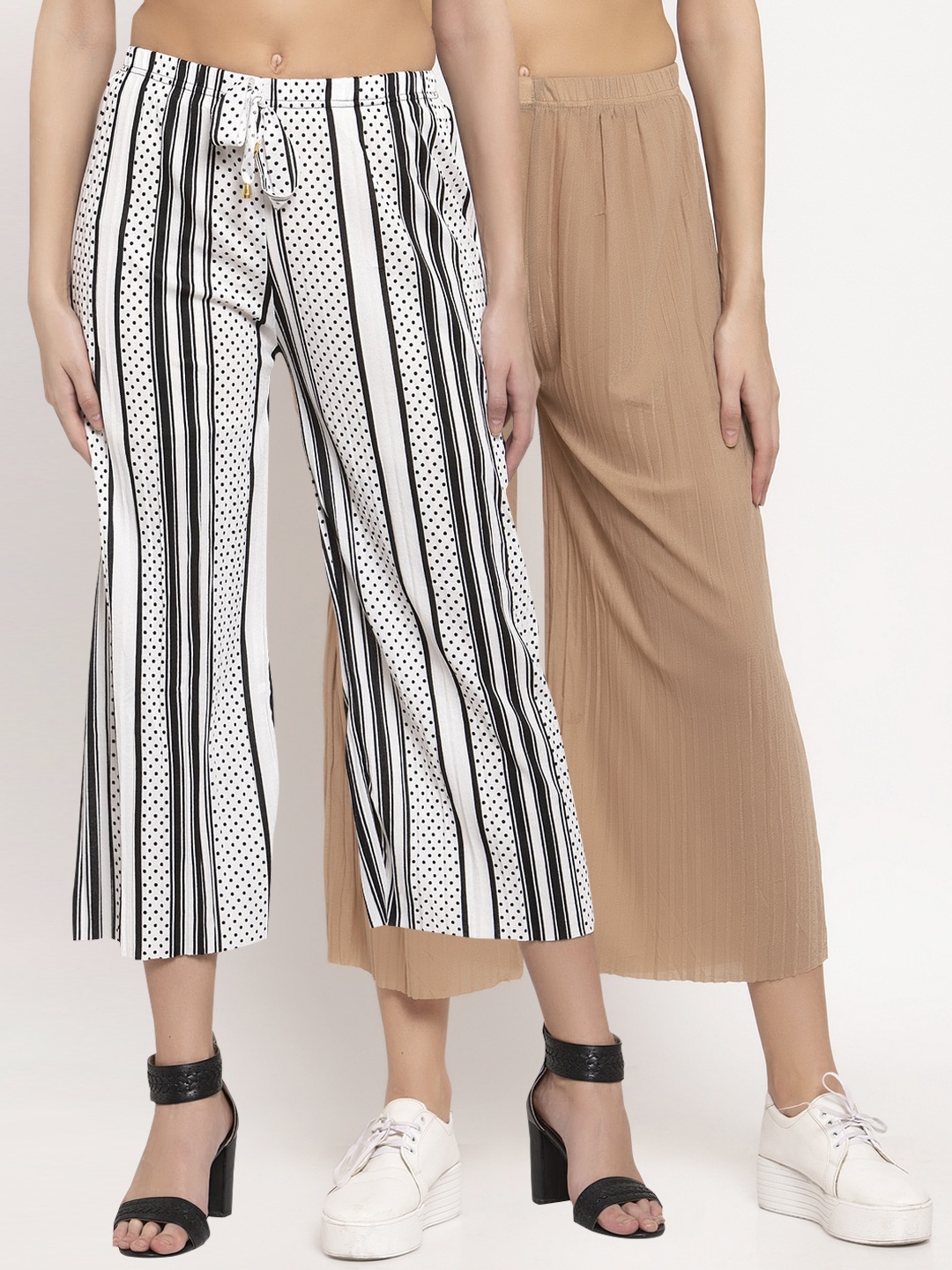 

KLOTTHE Women Pack of 2 White & Black Striped Wide Leg Palazzos