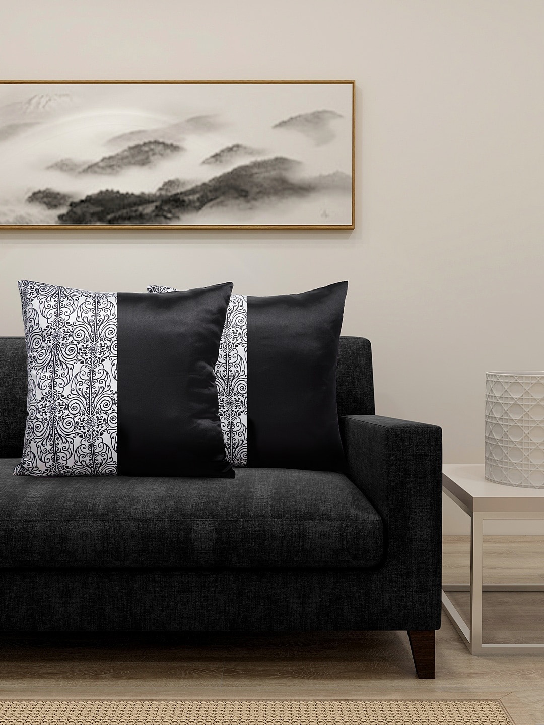 

DECOREALM Black & White Set of 2 Colourblocked Square Cushion Covers