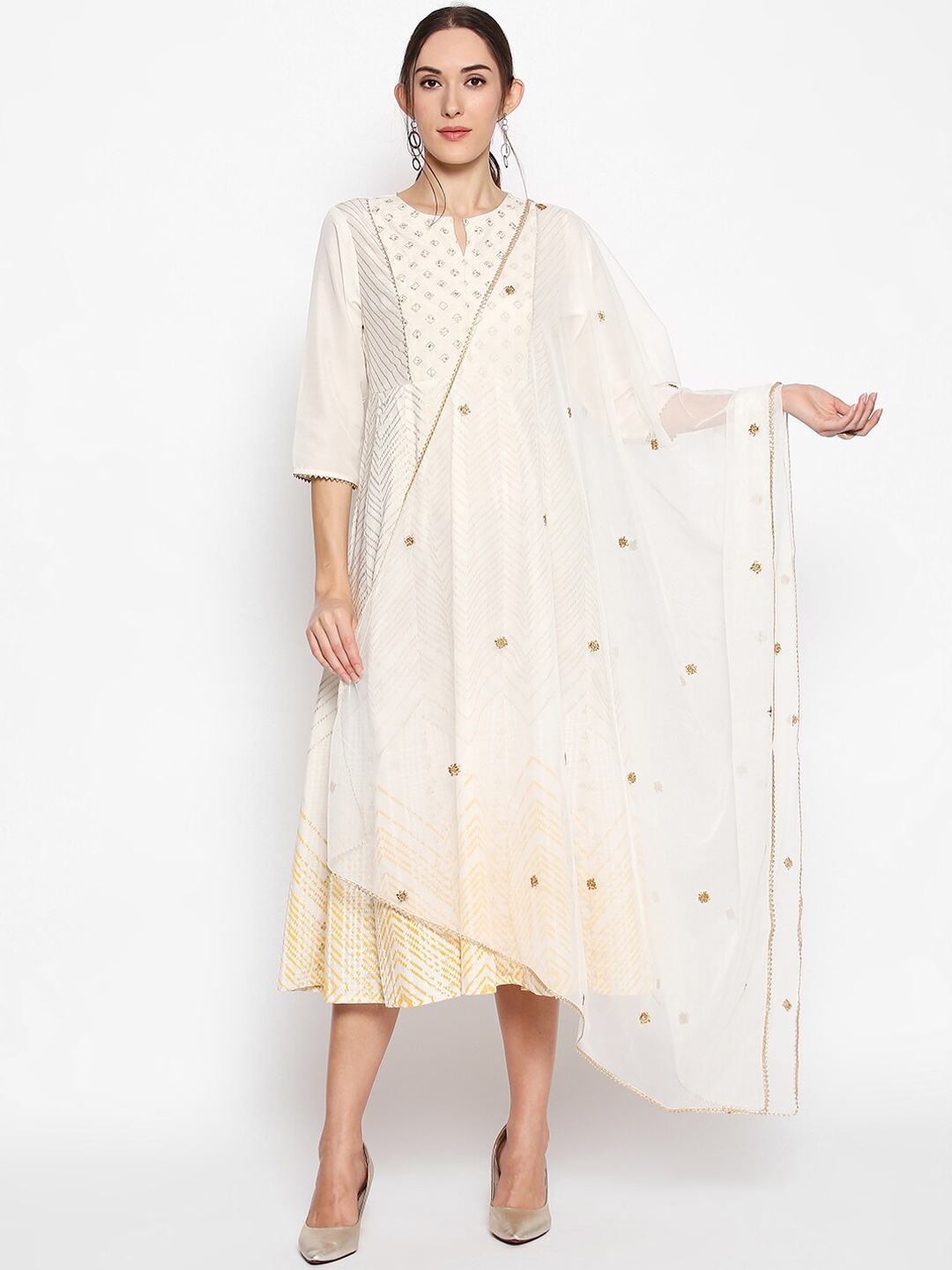 

RANGMANCH BY PANTALOONS Women Off-White Solid A-Line Dress