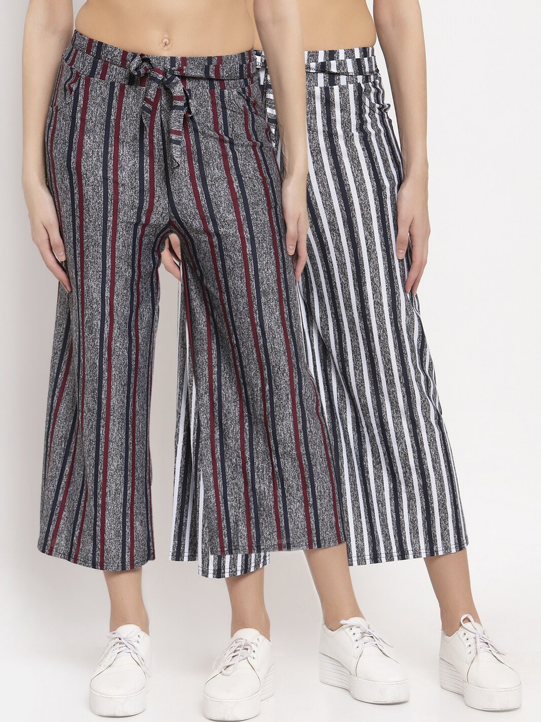 

KLOTTHE Women Grey & White Striped Wide Leg Palazzos Set of 2