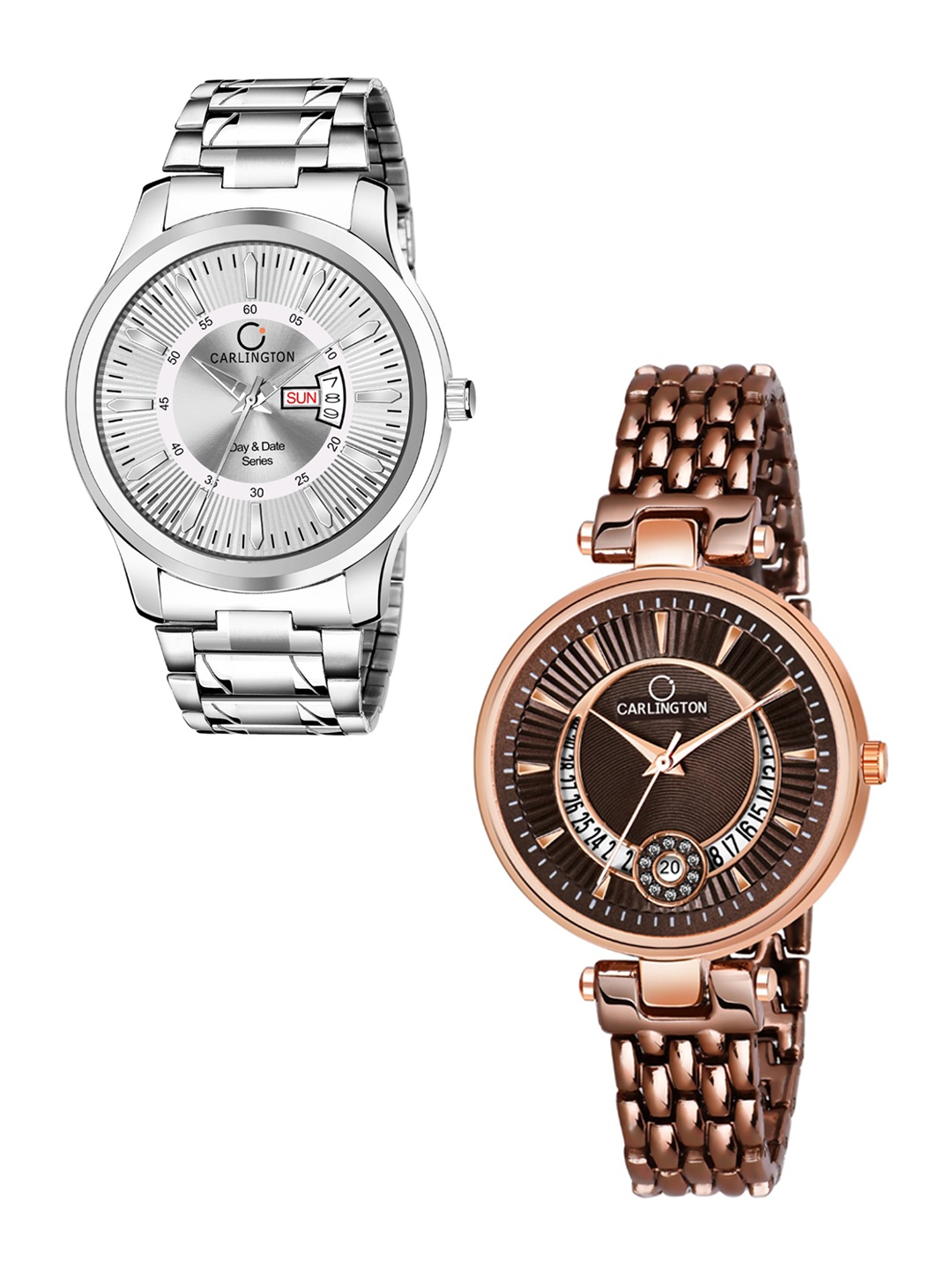 CARLINGTON Unisex HIs & Her Gift Set Combo G-01 Analogue Watches, Silver