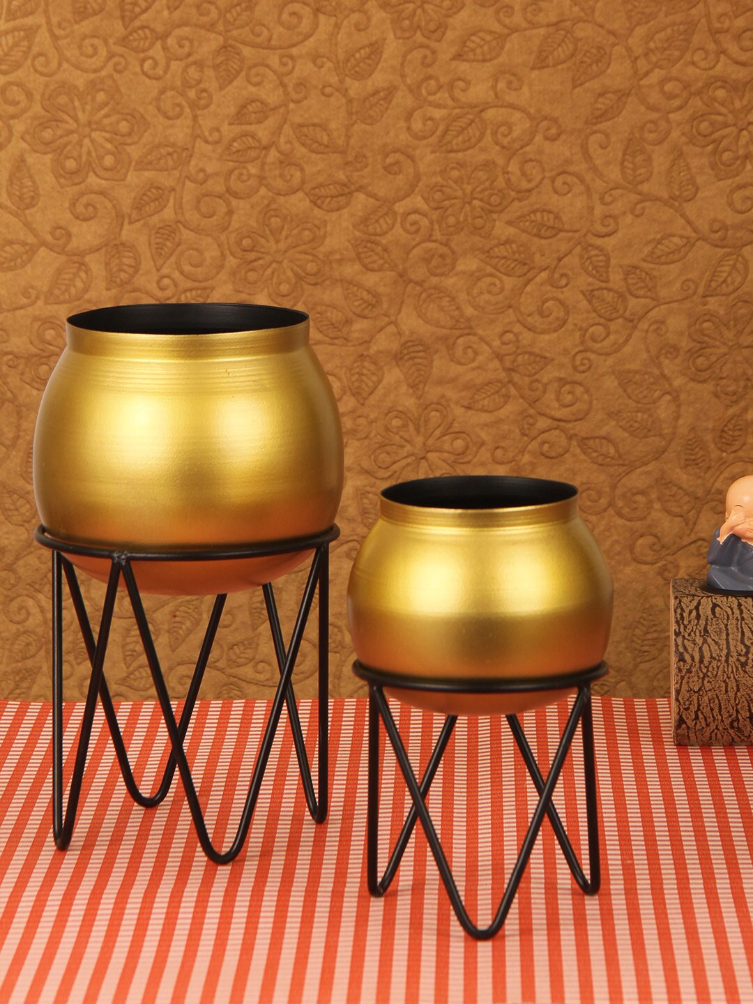 

TIED RIBBONS Set Of 2 Gold-Toned & Black Metal Table-Top Planters With Stands