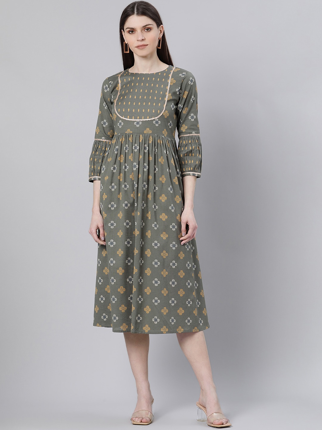 

GERUA Women Olive Green Printed Empire Dress