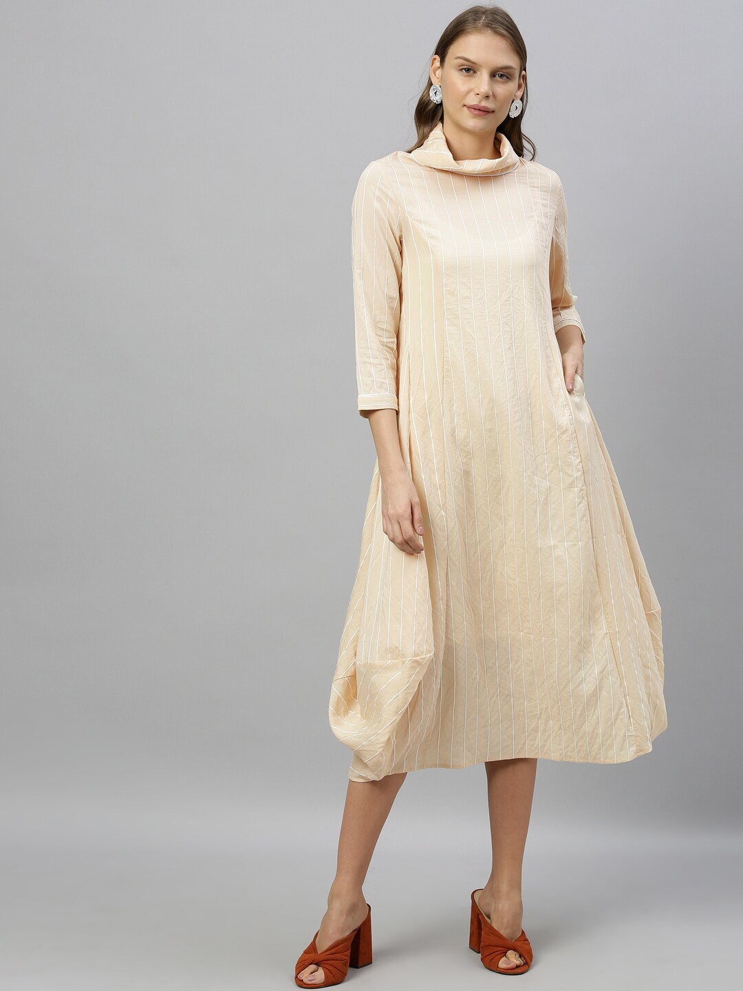 

RAREISM Women Beige Striped A-Line Dress