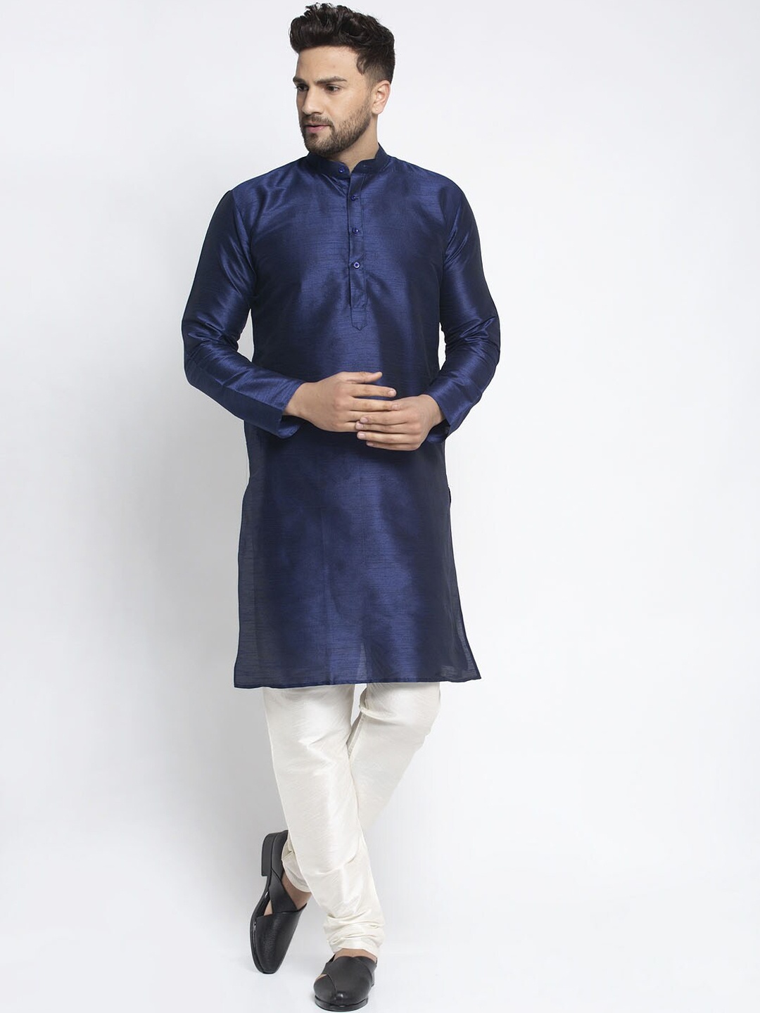 Jompers Men Navy Blue Solid Kurta with Pyjamas