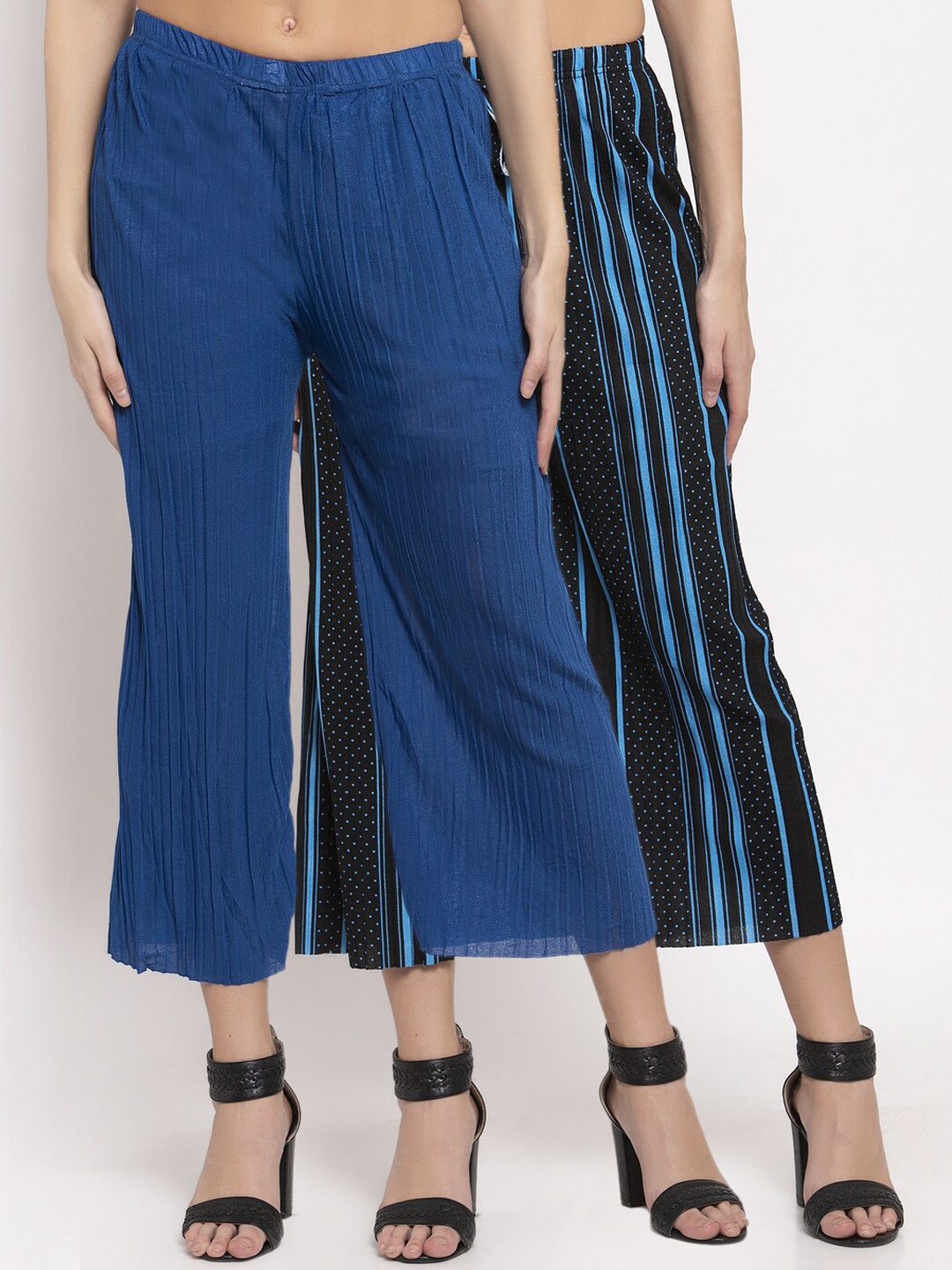 

KLOTTHE Women Black & Blue Set of 2 Striped Flared Palazzos