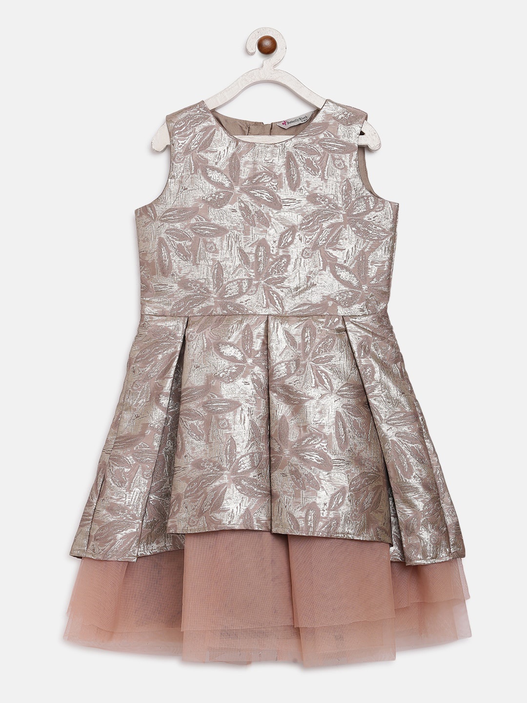 

Butterfly Blush Girls Brown & Silver-Coloured Self Design Fit and Flare Dress
