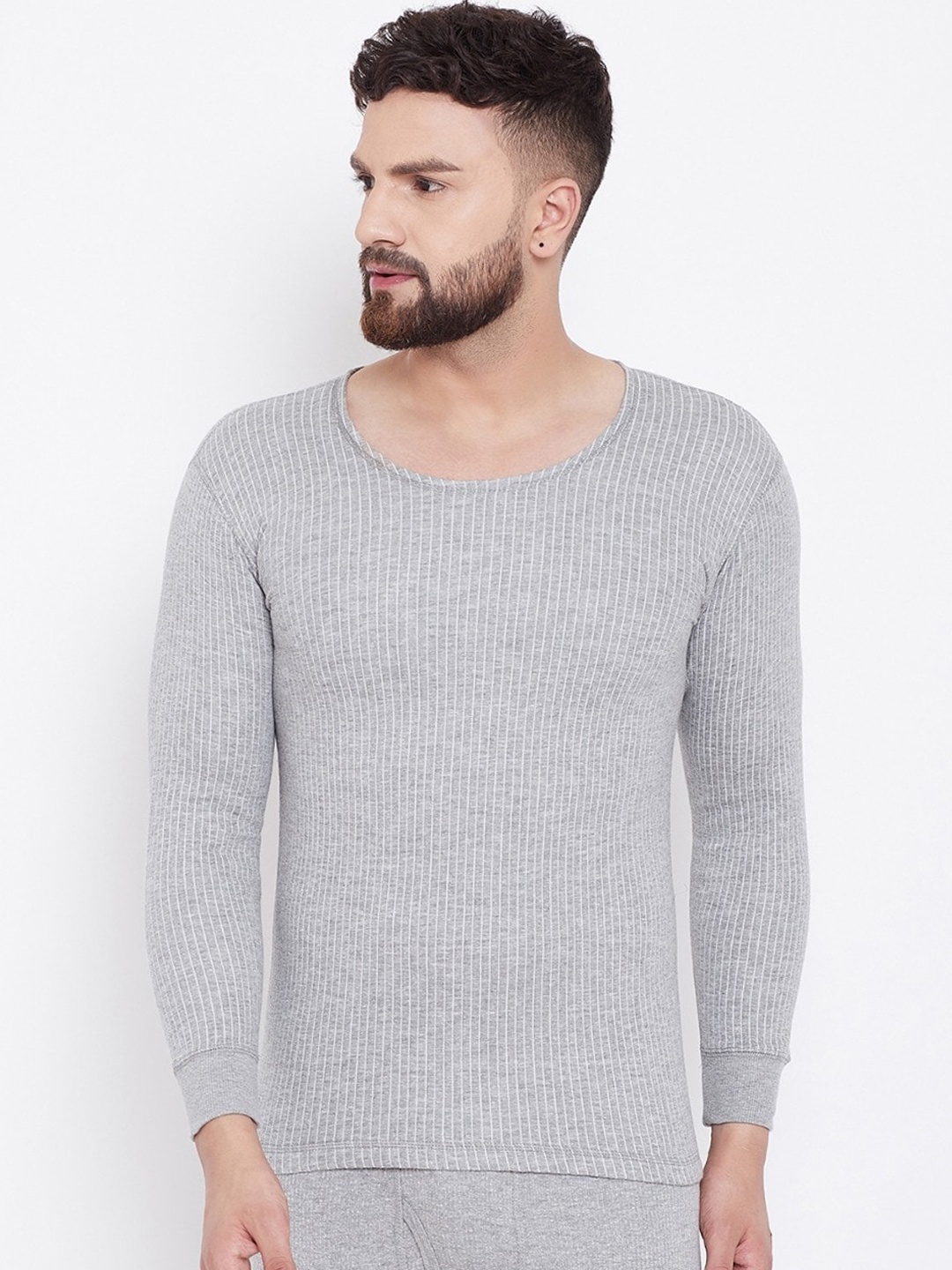 NEVA Men Grey Striped Slim-Fit Thermal Top