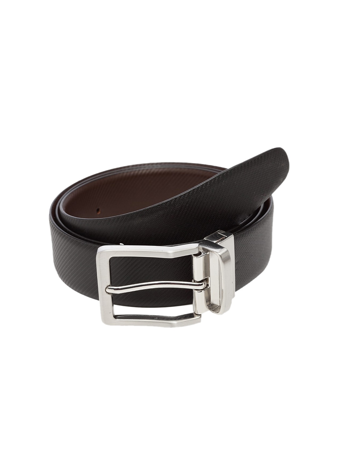 WELBAWT Men Black & Brown Textured Leather Slim Reversible Belt